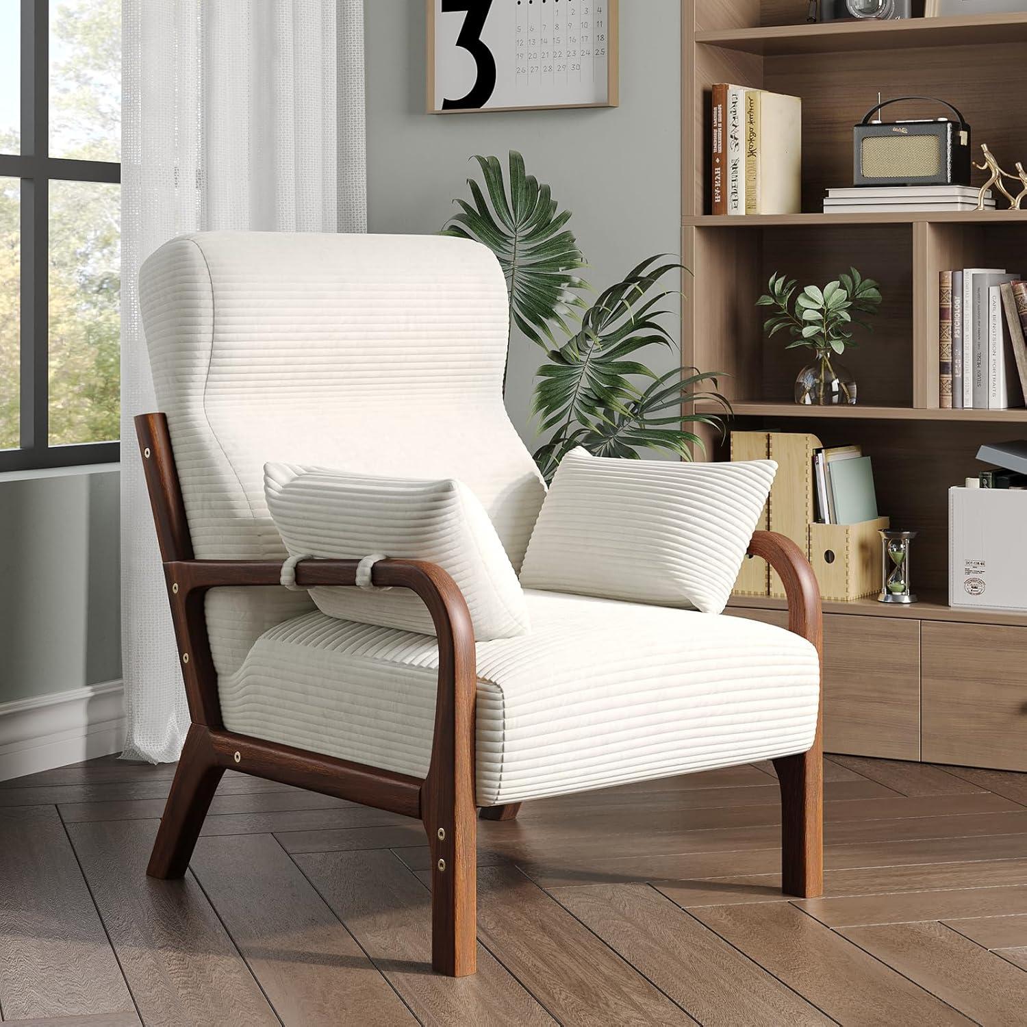 White Corduroy Upholstered Wood Frame Recliner Accent Chair