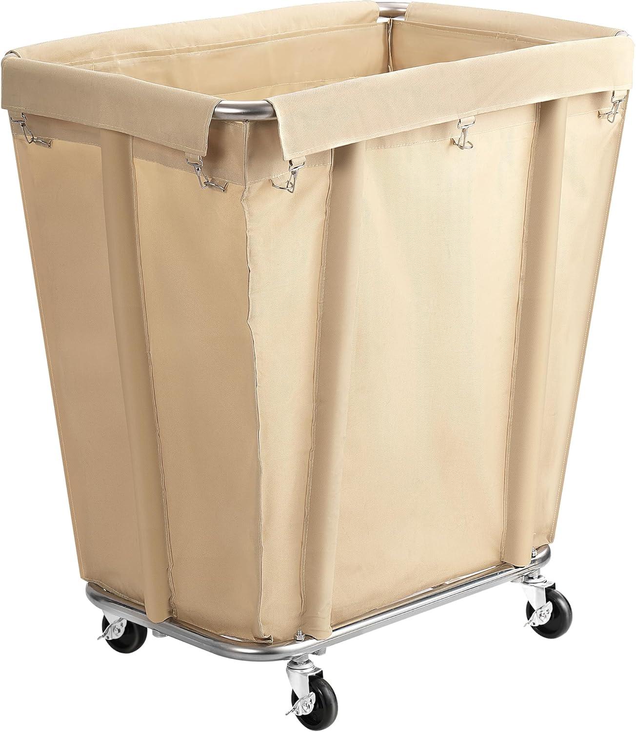 Rengue Commercial Laundry Cart with Wheels, 320L Capacity Laundry Sorter Rolling Laundry Hamper with Waterproof Oxford Basket and Sturdy Steel Frame, 260 lbs Load, Beige