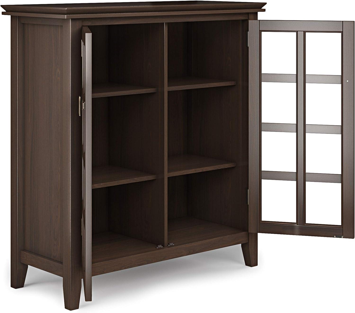 Simpli Home Artisan 38"W Solid Wood 4-Shelf Medium Storage Cabinet with Glass Doors and Adjustable Shelves
