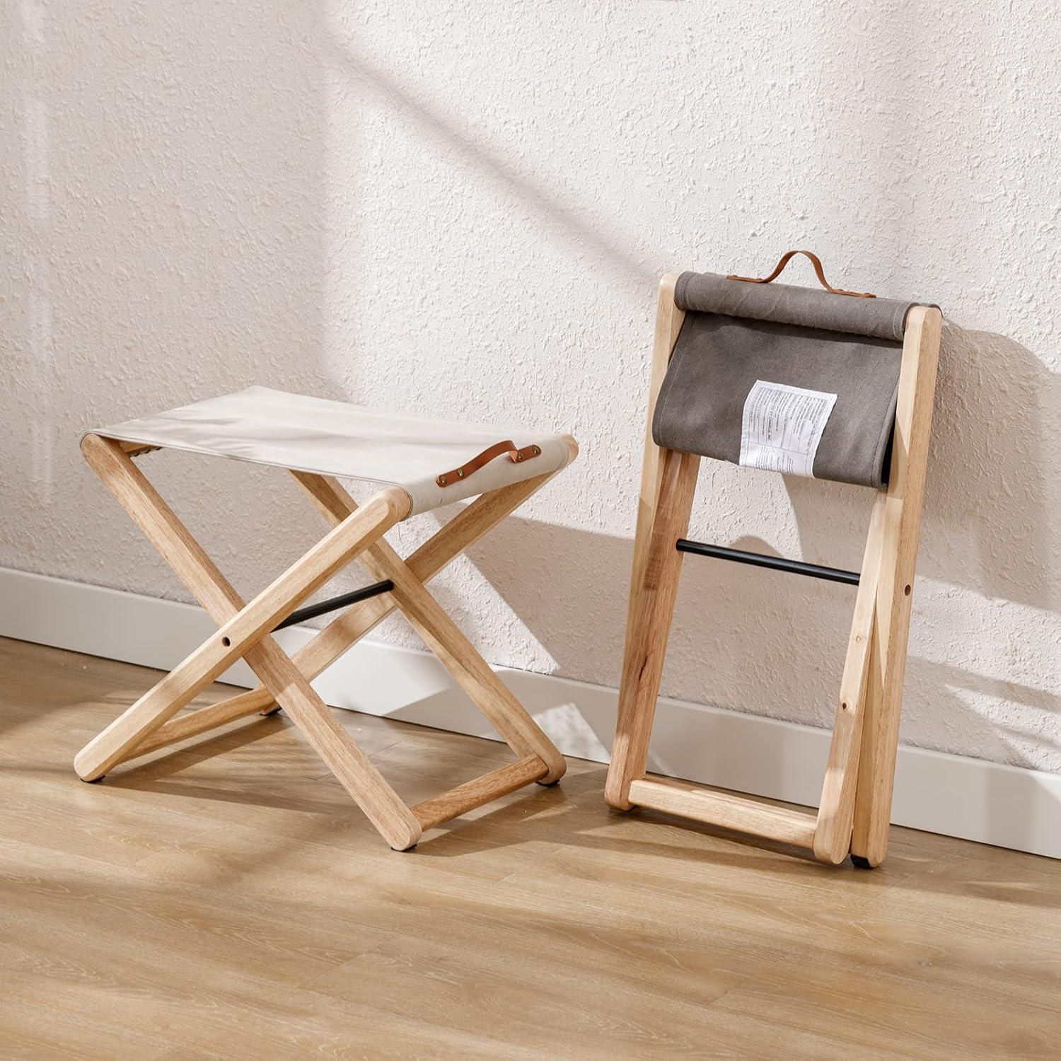 Folding Chairs Patio Stool for Camping Solid Wood Teak and Fabric (Set of 2)