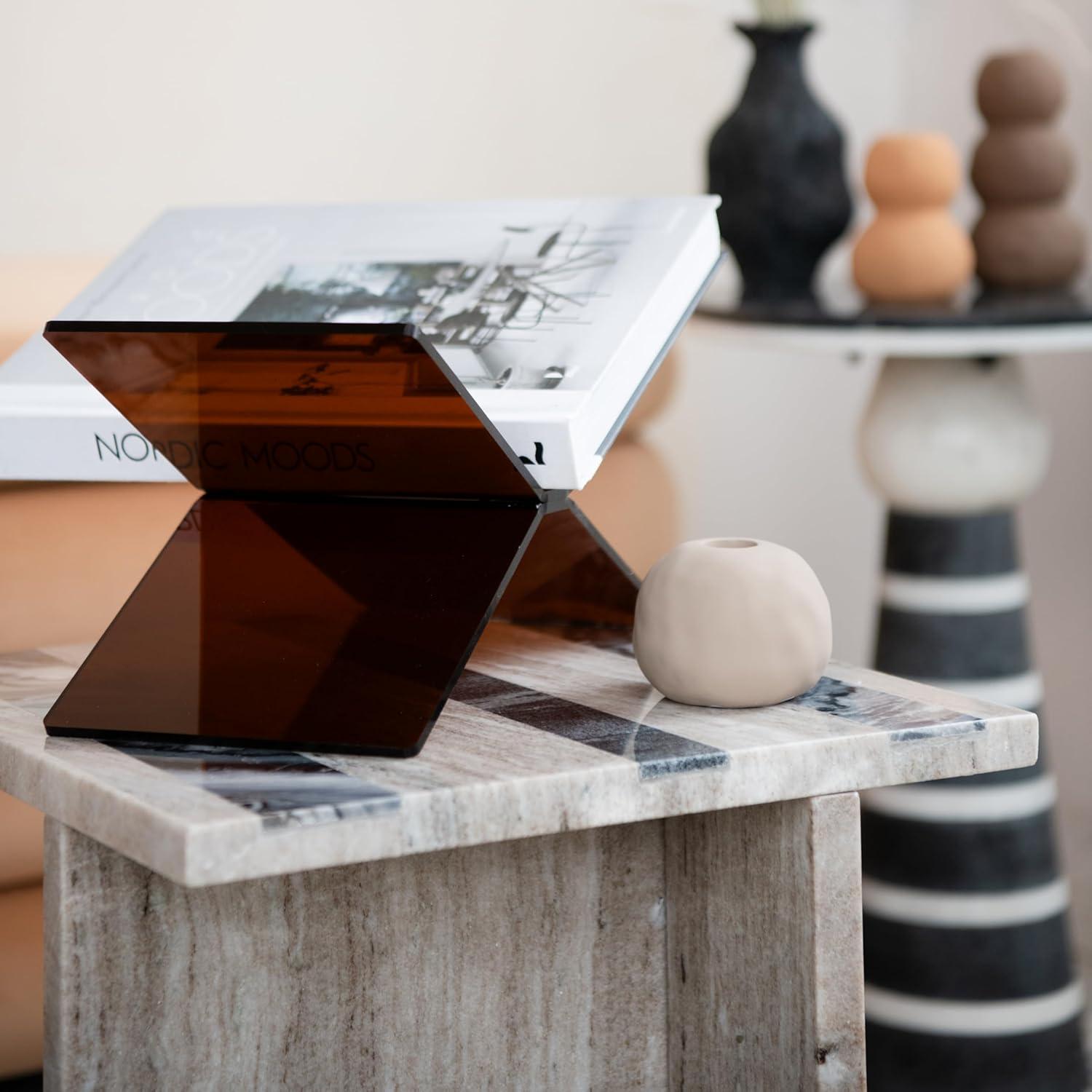 Bloomingville Marble Side Table with Stripes and Interlocking Base, Buff and Black Mélange