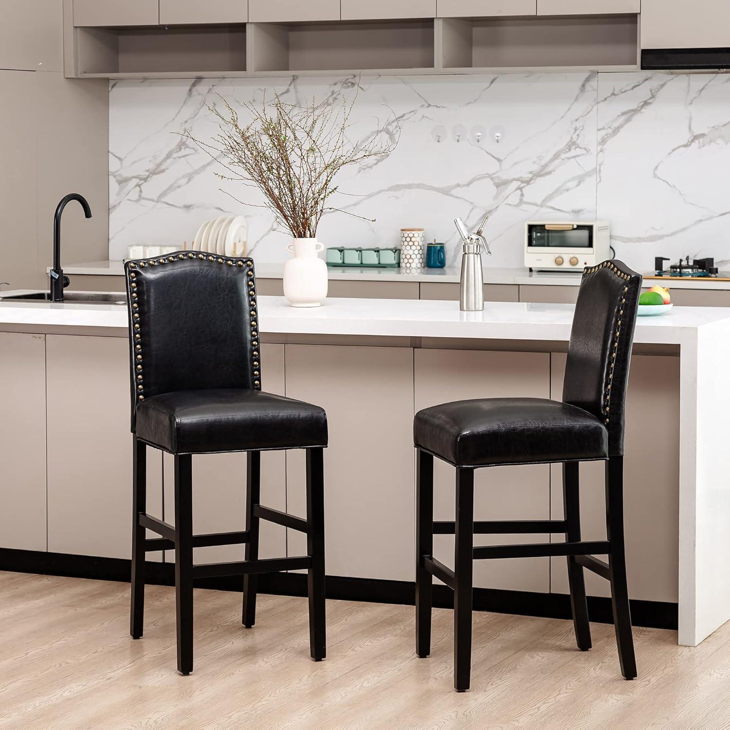Set of 2 Upholstered PU Barstools with Studded Decor - Glitzhome