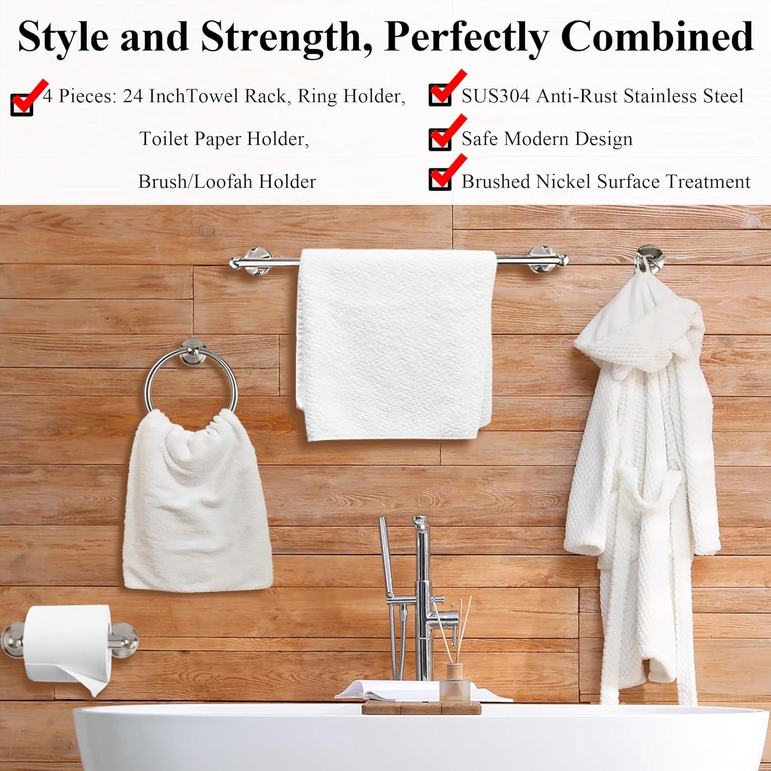 Bathroom Hardware Set with Towel Rings for Bathroom Wall – 4 Piece Bathroom Towel Holder Set – Brushed Nickel Towel Hook Set – Stainless Steel Brushed Nickel Towel Bar Set – Bathroom Towel Bar Set
