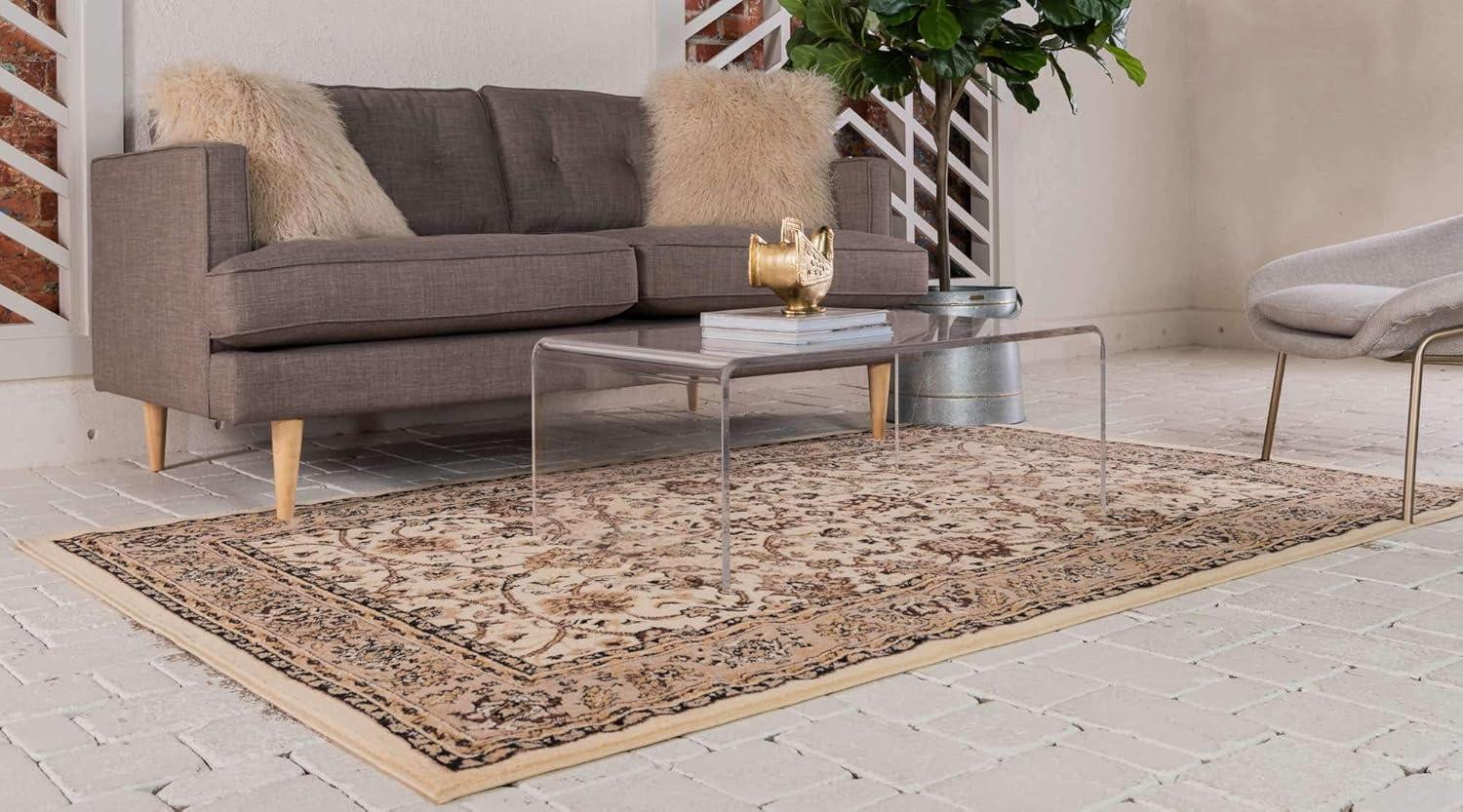 Ivory and Tan Reversible Synthetic 6' x 9' Easy-Care Rug