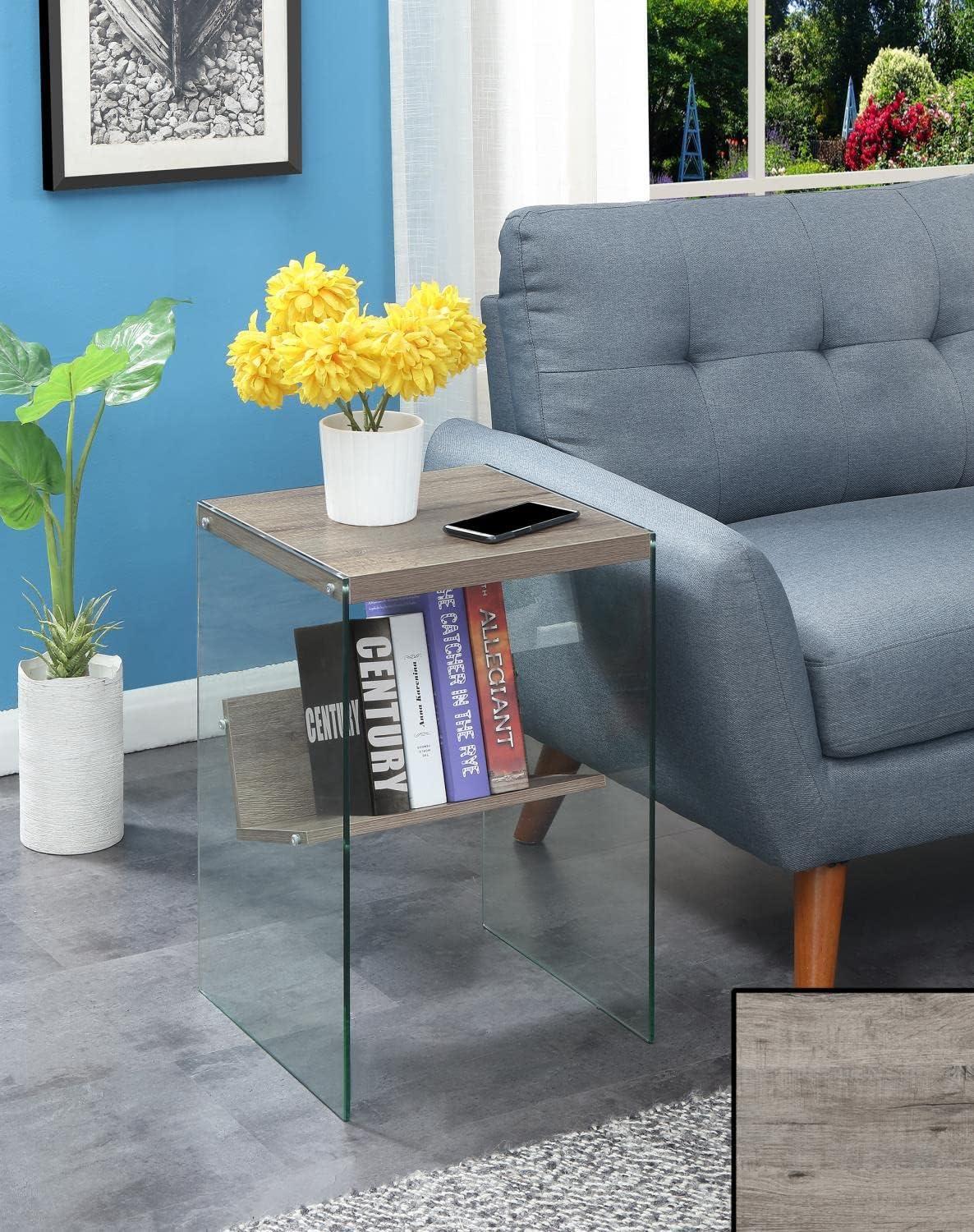 Sandstone and Glass Rectangular End Table with Lower Shelf