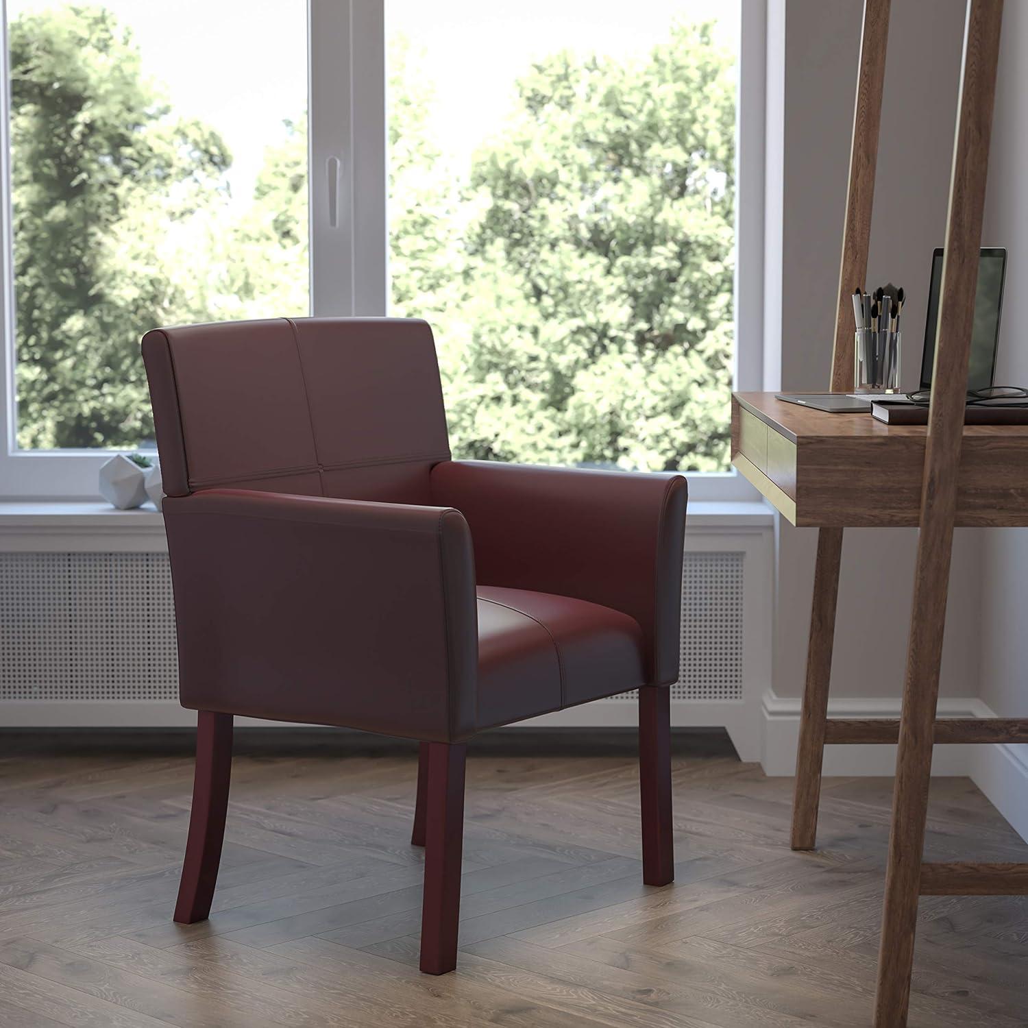 Elegant Burgundy LeatherSoft Executive Reception Armchair with Mahogany Wood Legs