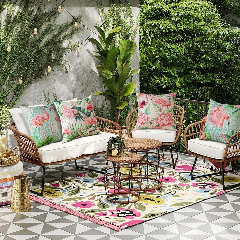 Artscope Set of 4 Waterproof Throw Pillow Covers 18x18 Inches, Pink Roses and Butterfly Pattern Decorative Cushion Covers, Perfect to Outdoor Patio Garden Living Room Sofa Farmhouse Decor