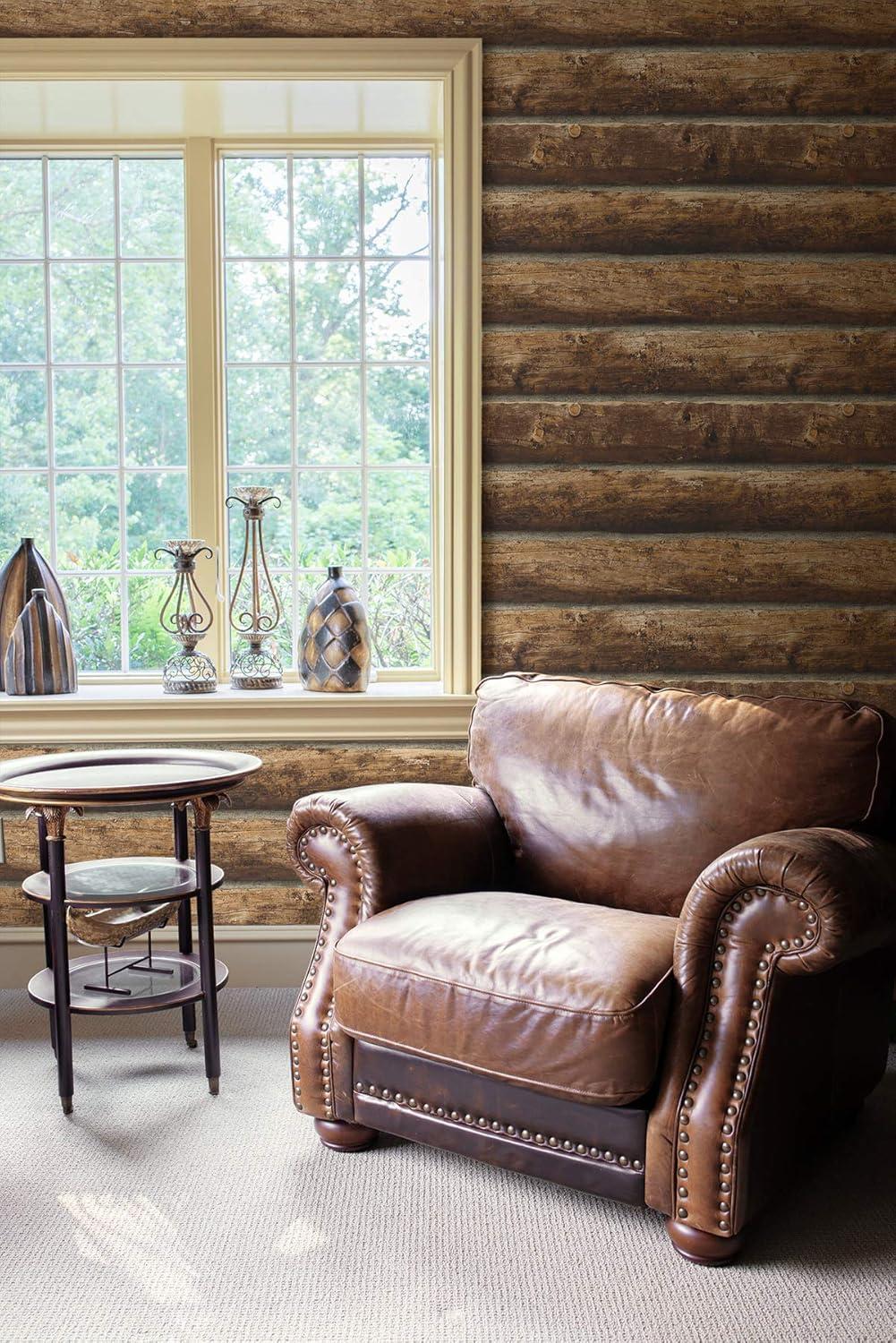 Rustic Brown Faux Log Cabin Peel and Stick Wallpaper