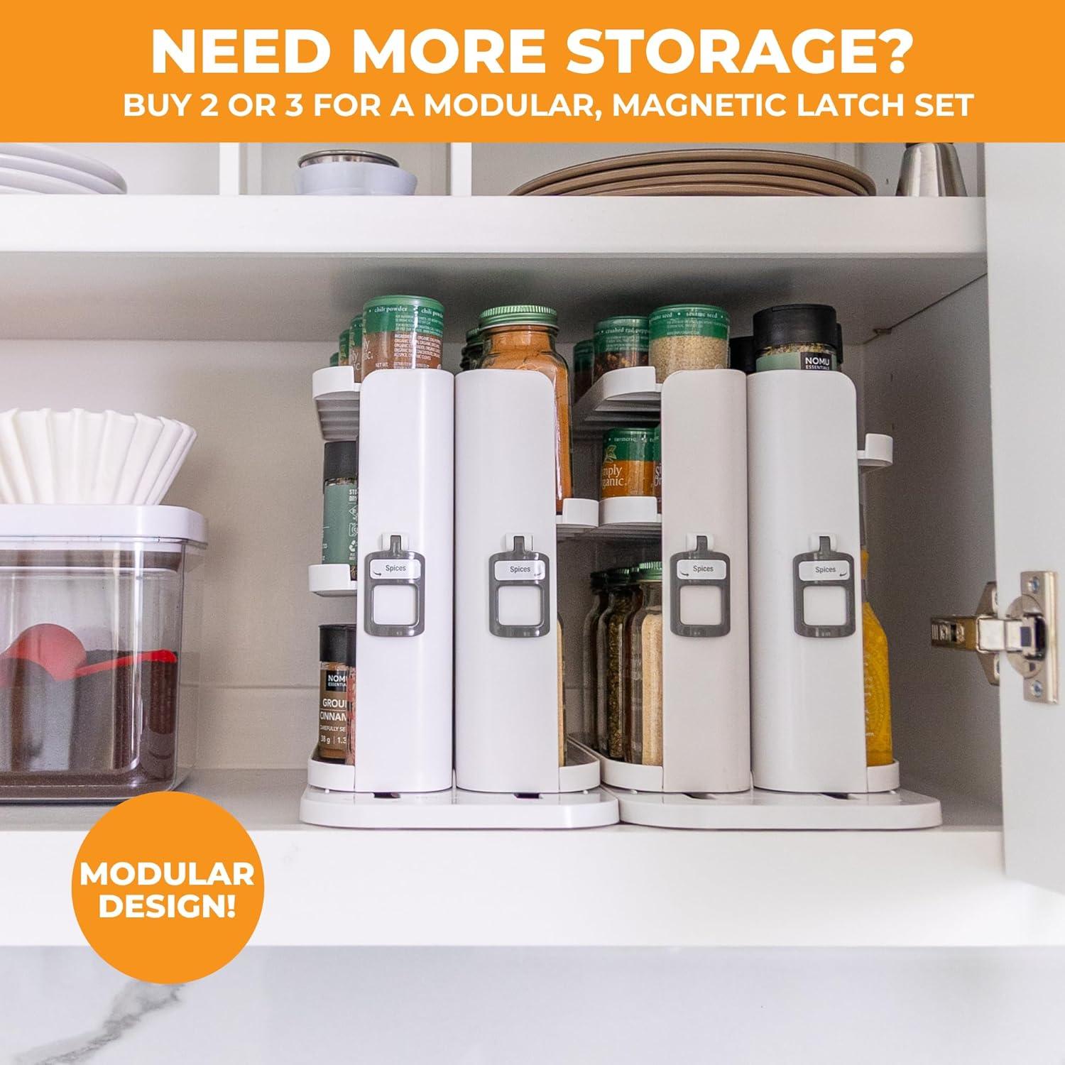Cabinet Caddy SNAP! Spice Rack Organizer for Cabinet - Slide & Rotate Seasoning Organizer - 3 Snap-In Adjustable Shelves for 5 Tier of Storage - Magnetic Modular Design - 8.9”H x 6.1”W x 10.8”D