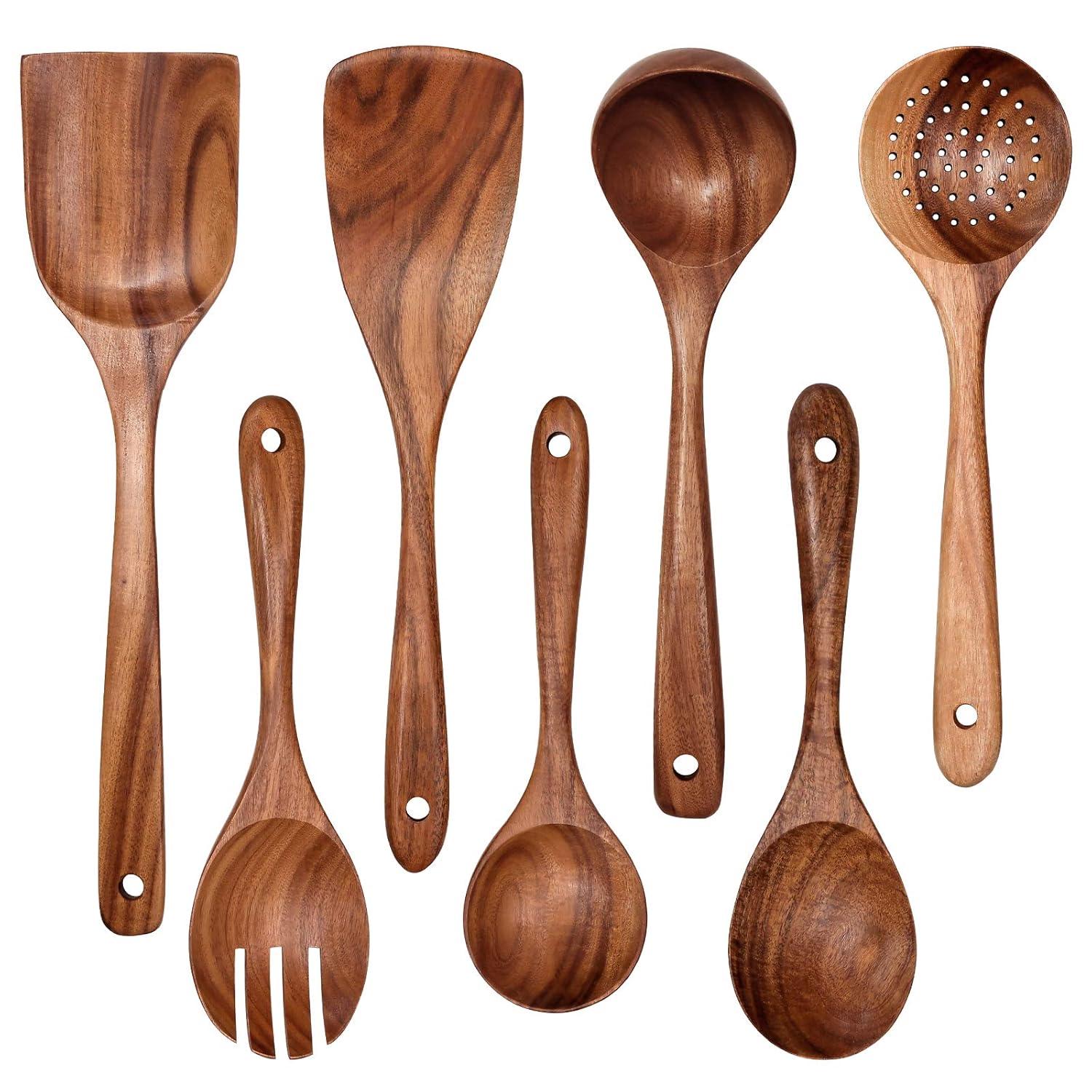 Sandistore Plate Mates Set 7PCS Wooden Cooking Utensils Kitchen Utensil Natural Teak Wood Kitchen Utensils Tool Nonstick Hard Wooden Spatula And Wooden Spoons