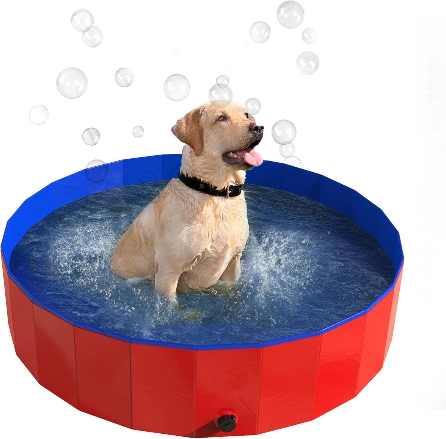 Portable Dog Pool for Large Dogs - Foldable Plastic Bathing Tub with Drain and Carrying Bag for Pets and Backyard Play with Kids by PETMAKER (Blue)