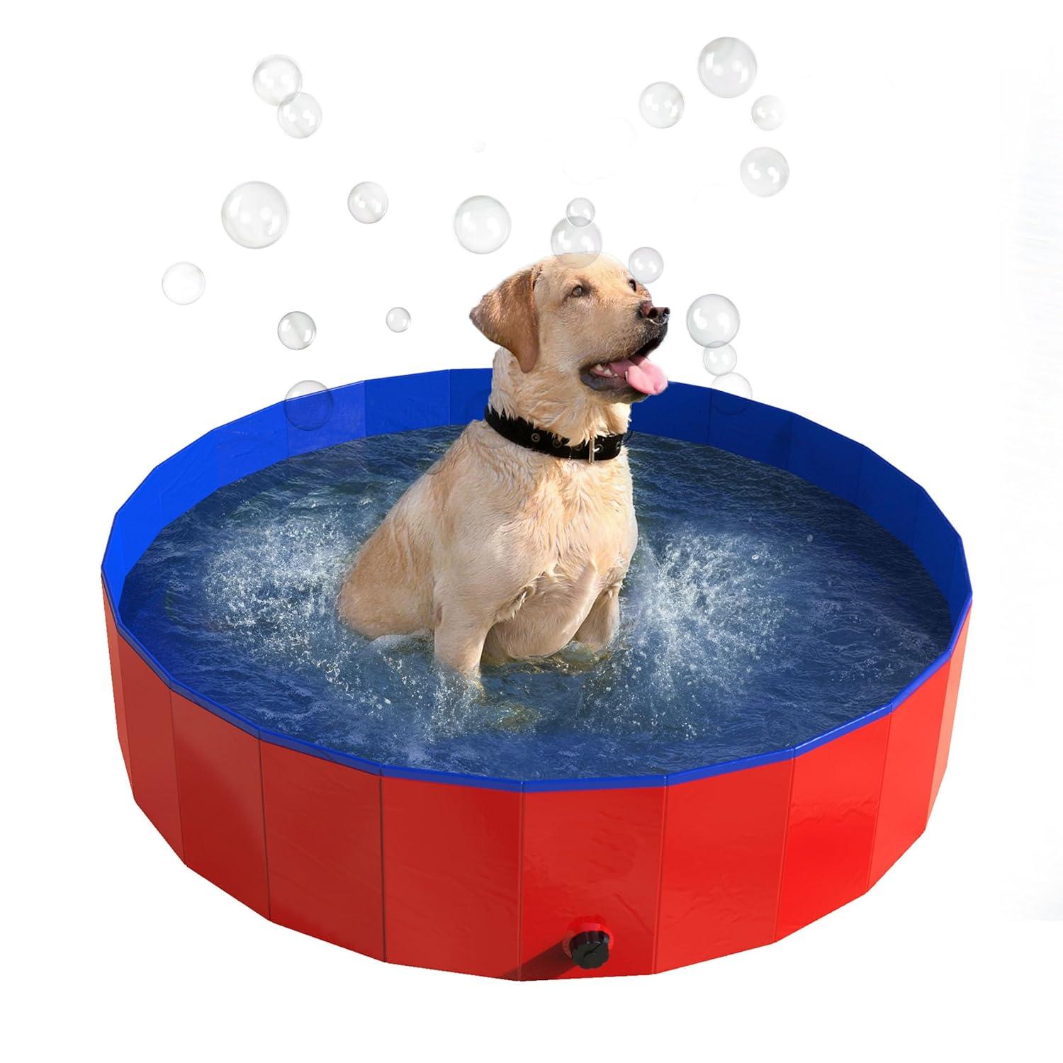 Portable Dog Pool for Large Dogs - Foldable Plastic Bathing Tub with Drain and Carrying Bag for Pets and Backyard Play with Kids by PETMAKER (Blue)