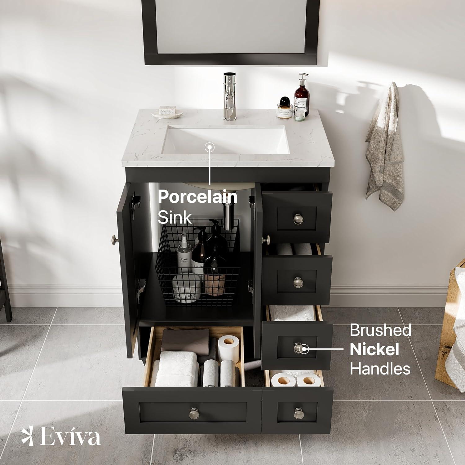 Eviva Acclaim C. 28" Transitional Espresso Bathroom Vanity with White Carrara Quartz Countertop