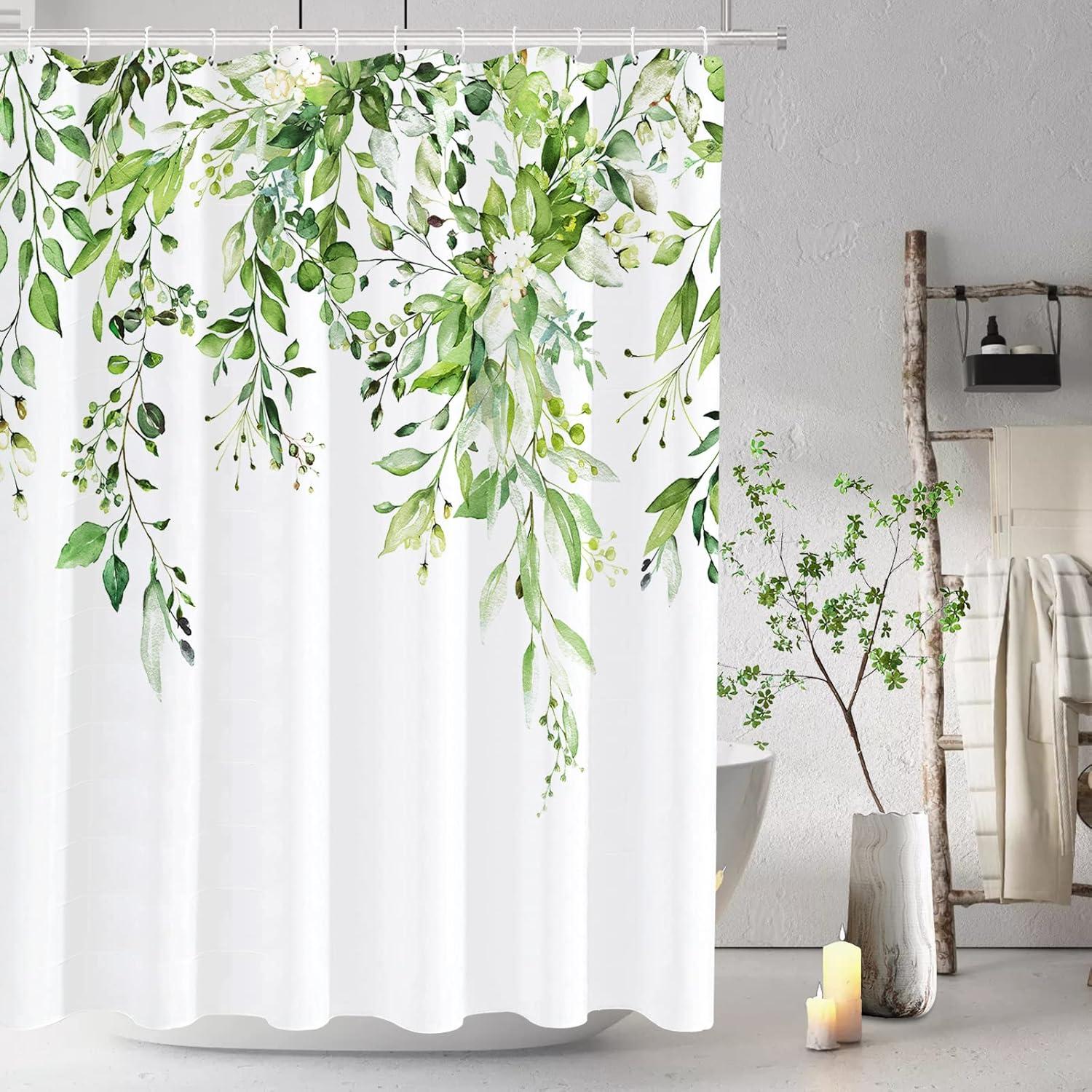 Eucalyptus Watercolor Leaves Semi-Sheer Waterproof Shower Curtain