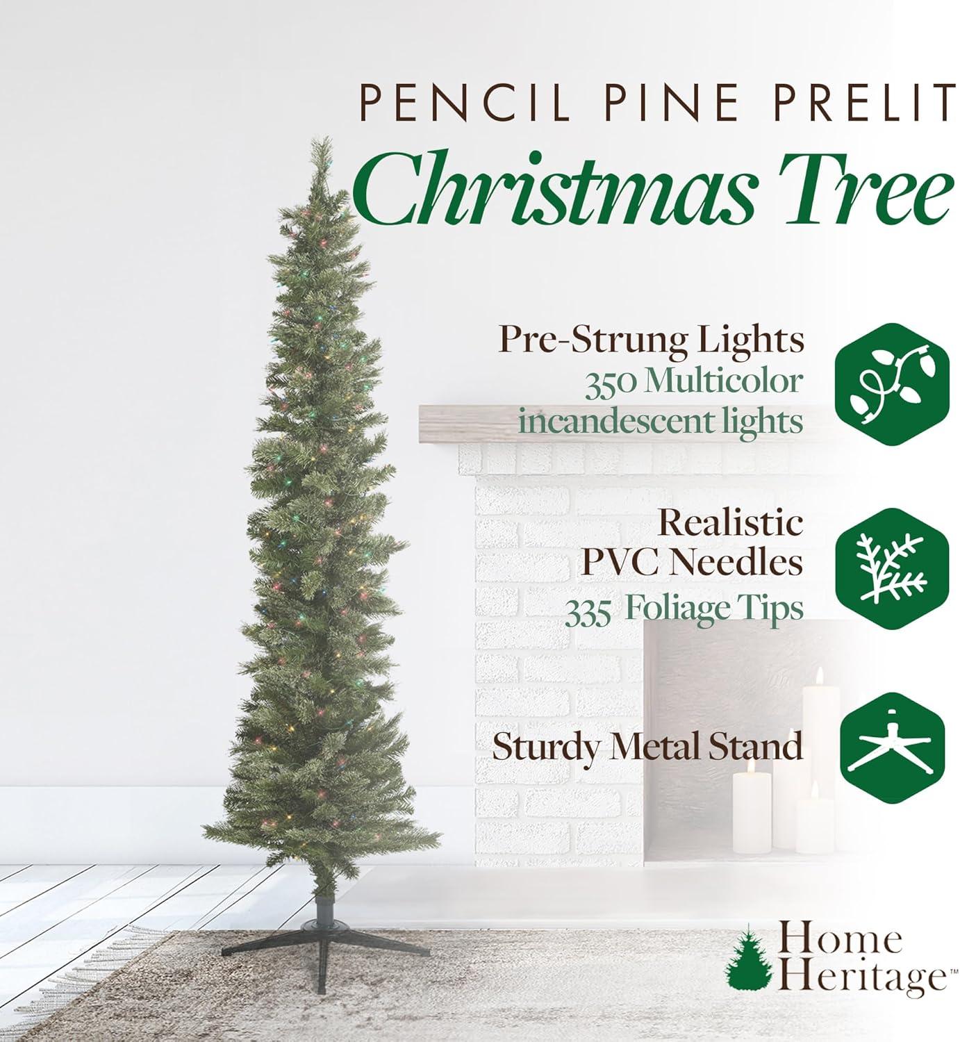 Home Heritage Pre-Lit Skinny Artificial Pine Christmas Tree with Lights and Foldable Stand