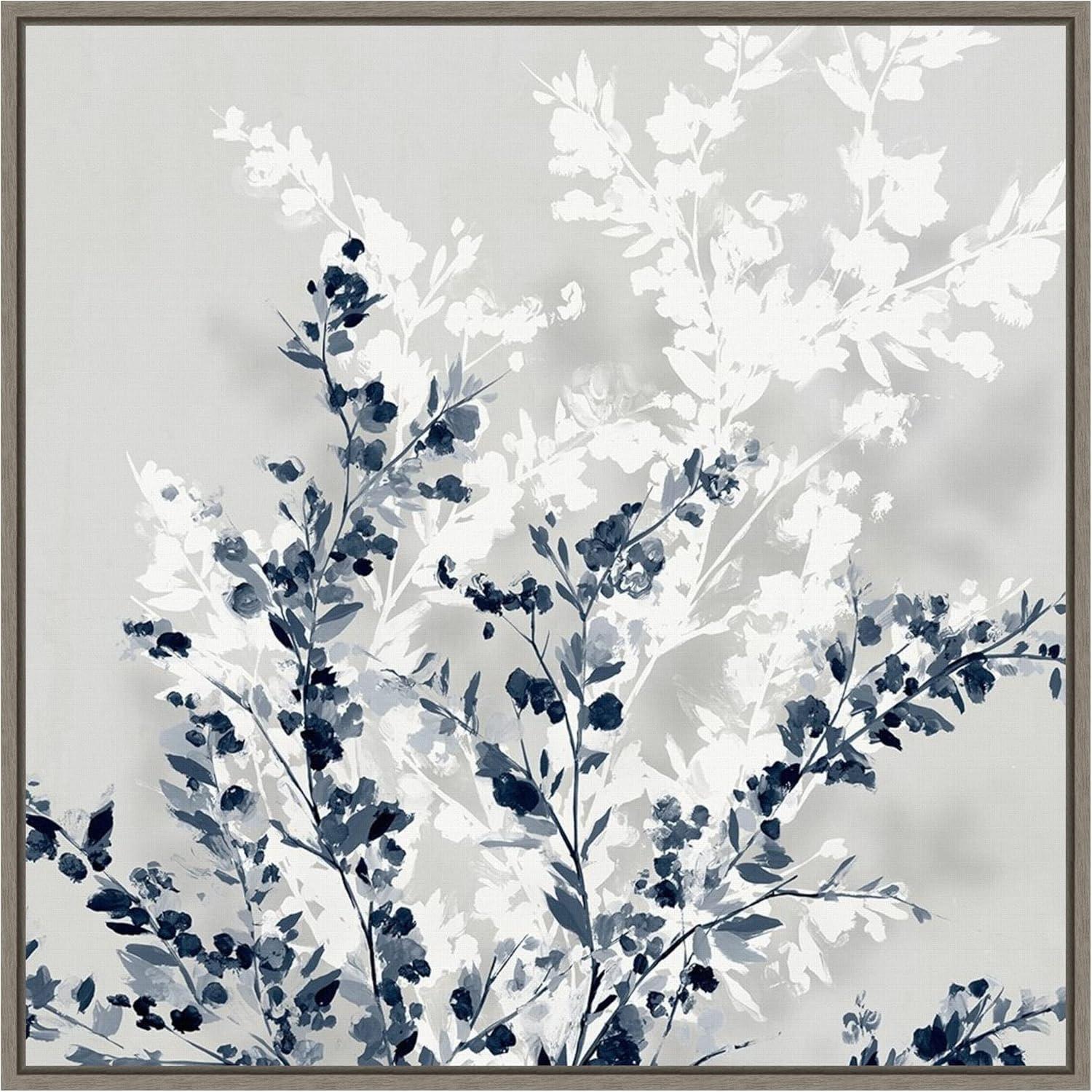 22" x 22" Blue and White Abstract Botanic-Inspired Framed Canvas Wall Art