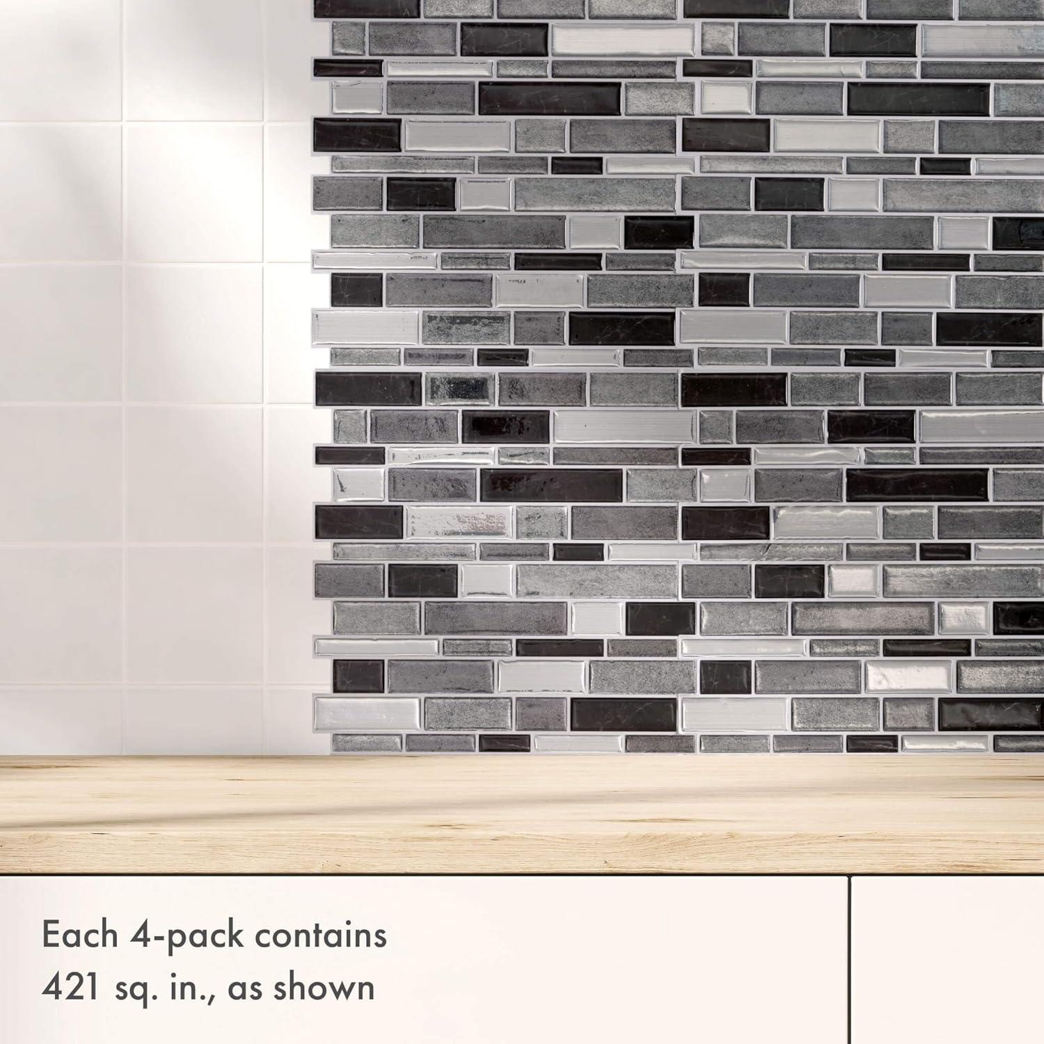 Main Street 10.5" x 10.5" Silver & Black Mosaic Vinyl Peel and Stick Tiles (4-Pack). Removable Tiles for Walls or Backsplash