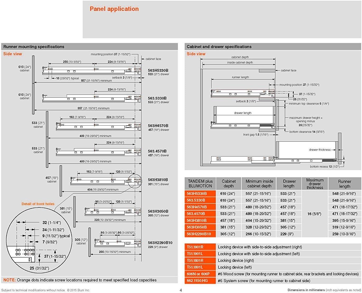 18" BLUM Tandem Set of 6 Drawer Slides Plus BLUMOTION Complete Kit. with Runners 563H, Locking Devices, Rear mounting Brackets, and Screws (for face Frame or Frameless Application)