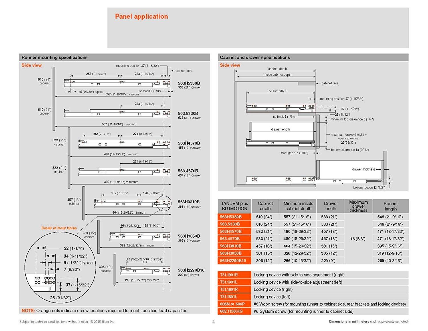 18" BLUM Tandem Set of 6 Drawer Slides Plus BLUMOTION Complete Kit. with Runners 563H, Locking Devices, Rear mounting Brackets, and Screws (for face Frame or Frameless Application)