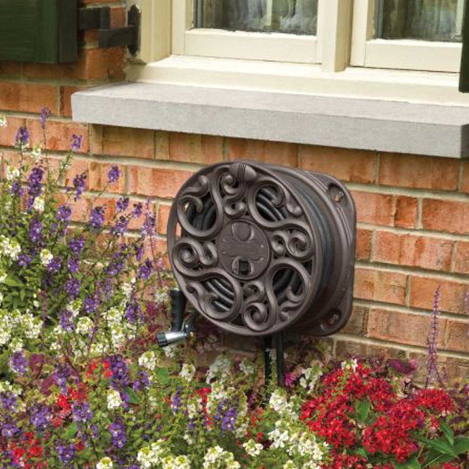 Suncast Sidewinder 60 Foot Side Scroll Decorative Wall Mount Hose Reel, Bronze