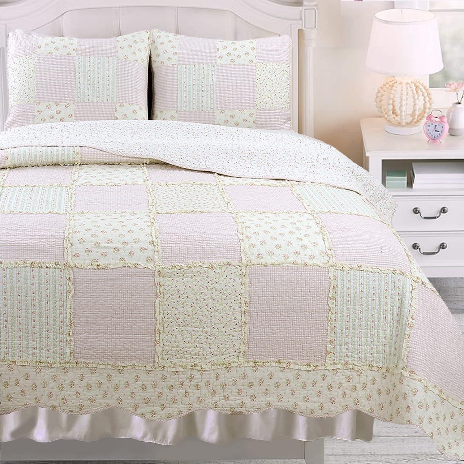 Light Pink Cotton Floral Patchwork Reversible Twin Quilt Set