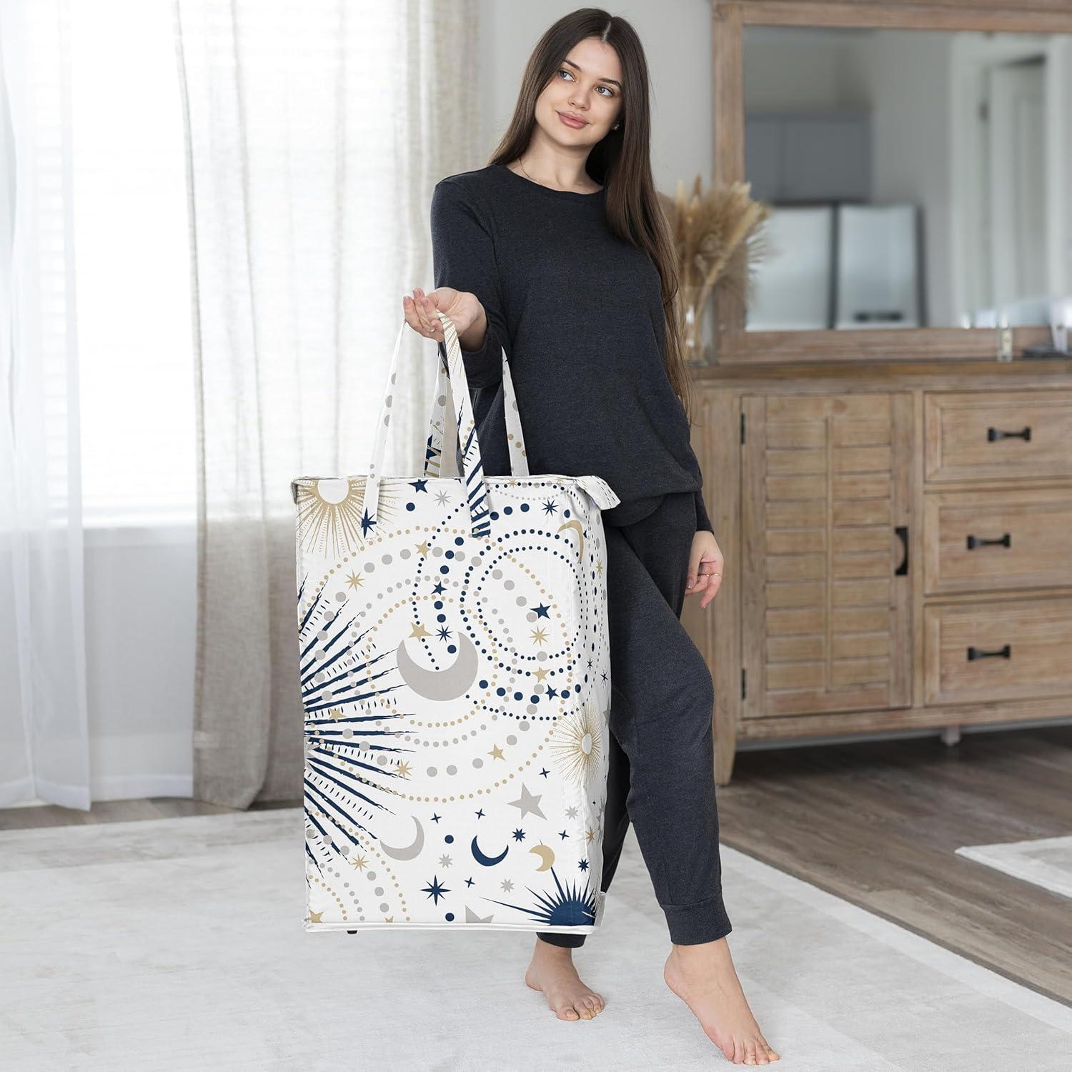 Sweet Jojo Designs Boy, Girl, Unisex/Gender Neutral Foldable Laundry Hamper with Handles Celestial Navy Blue and Gold