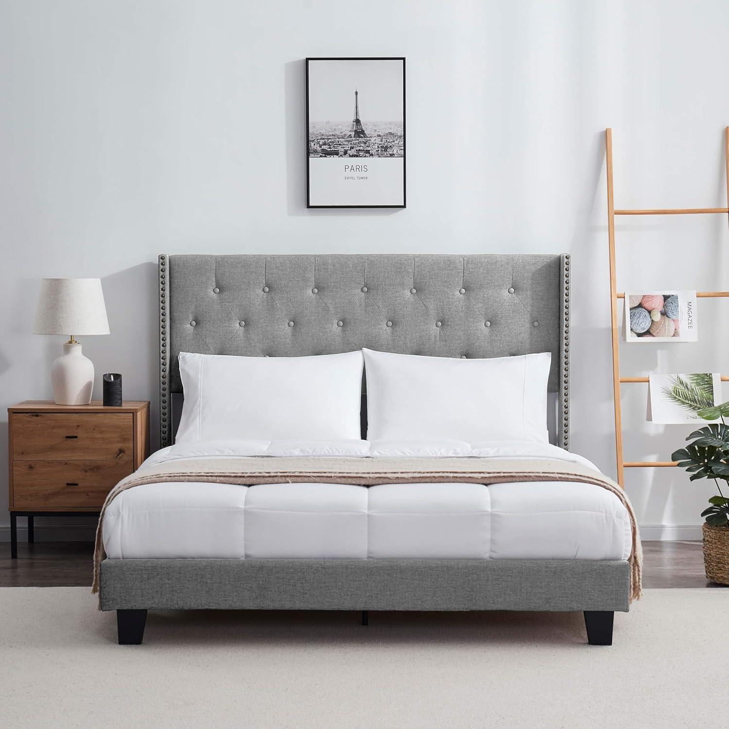 Bryt Wingback Diamond Upholstered Platform Bed, King Size Bed Frame with Headboard - Silver