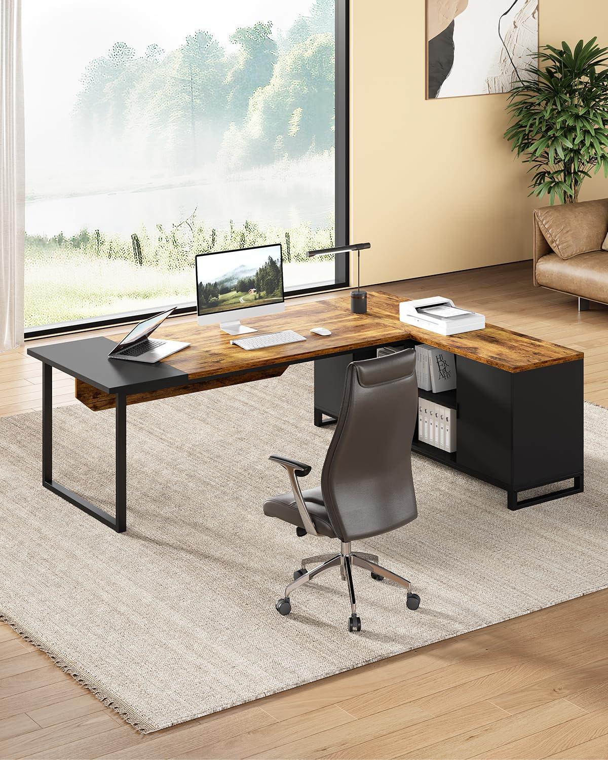 LITTLE TREE 70.8 Inches Executive Desk and 55 Inches File Cabinet Combo, Large L Shaped Computer Desk with Storage Cabinet and Shelves, Modern Business Furniture for Home Office, Rustic Brown & Black