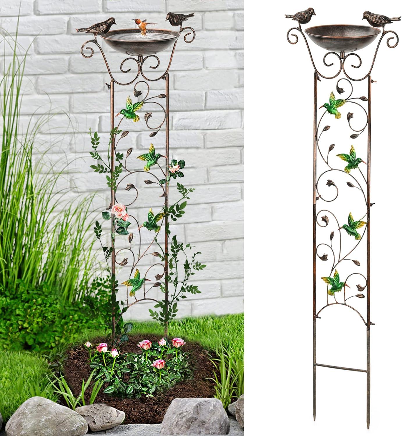 Elegant 40" Bronze Metal Garden Trellis with Bird Bath