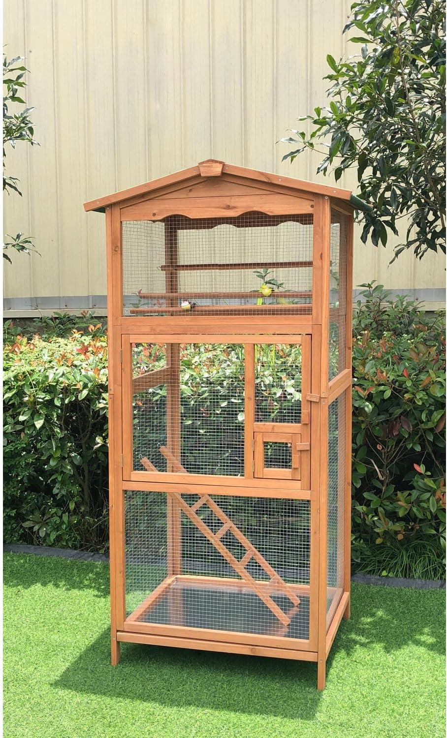 Hanover Outdoor Wooden Bird Cage with 3 Resting Bars, Ladder, Waterproof Roof and Removable Tray, 2.9 Ft. x 2.1 Ft. x 5.8 Ft.