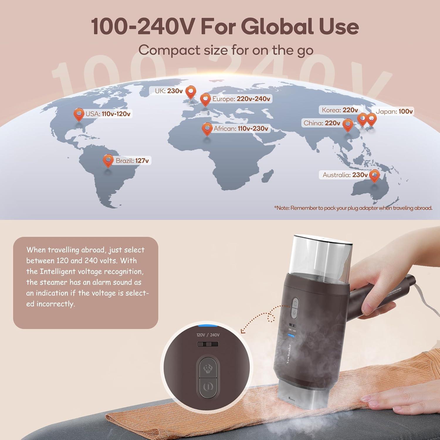 Newbealer Newbealer Travel Garment Steamer,100V-240V Handheld Powerful Steamer for Clothes,2 Adjustment Steaming,Self-cleaning,Brown