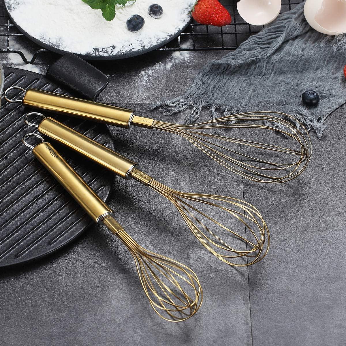 Stainless Steel Whisk Set Pack of 3 Stainless Steel, Titianium Plating Gold Whisks for Cooking, Beater,Wire Whisk Set Kitchen Wisk