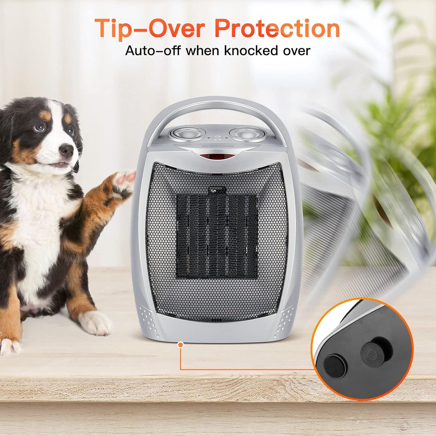 Silver Portable Electric Ceramic Space Heater with Thermostat