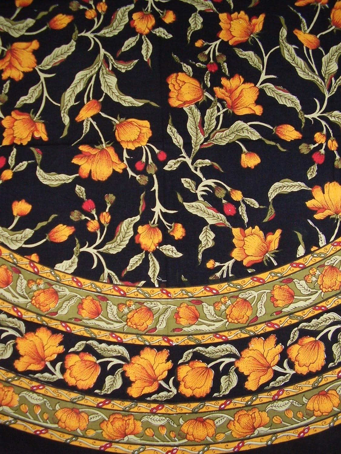 French Floral Round Cotton Tablecloth with Amber and Black Design