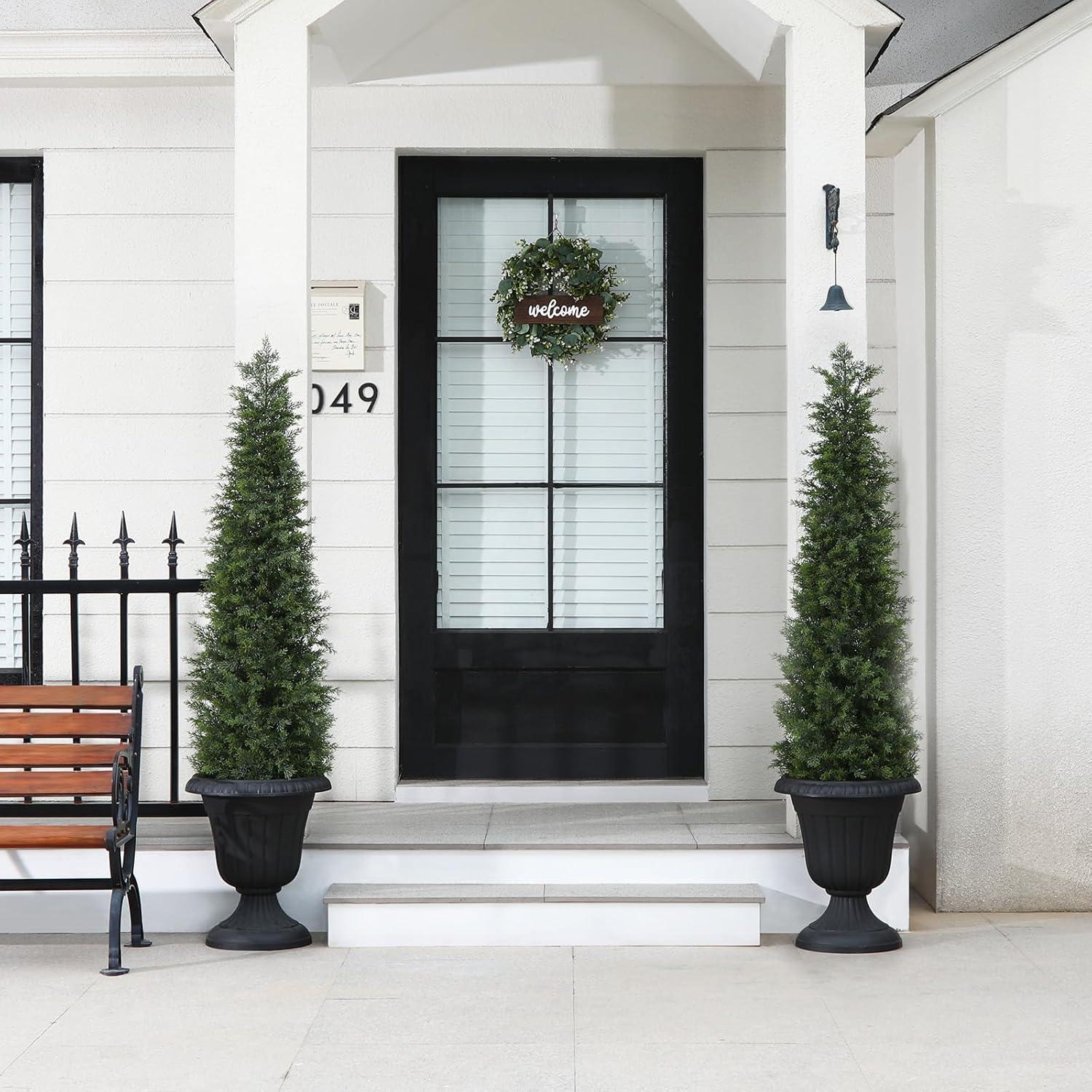 5ft Artificial Cedar Topiary Trees for Outdoors, Fake Cypress Plants with Solar Light String, Faux uv resistant Plants for Home Front Porch Decor, Housewarming Gift