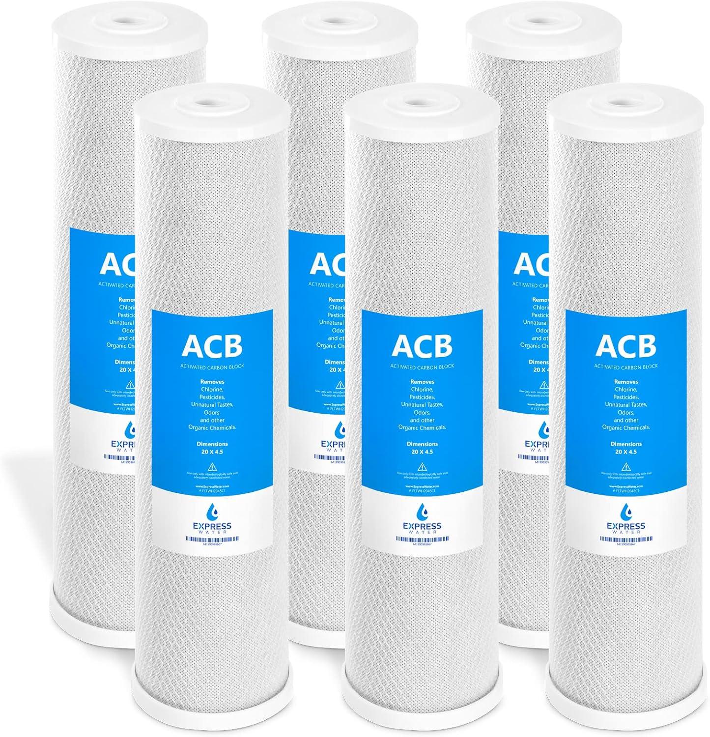 Express Water – 6 Pack Water Filter Activated Carbon Block Replacement Filter – ACB Large Capacity Water Filter – Whole House Filtration – 5 Micron Water Filter – 4.5” x 20” inch