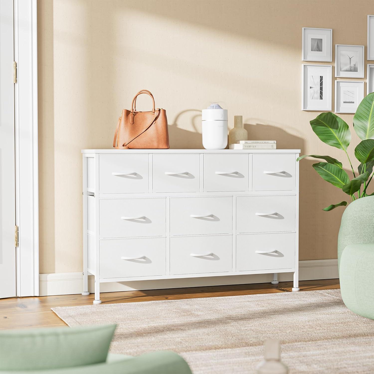 Lulive 10 Drawer White Dresser for Bedroom, Dresser TV Stand with Power Outlet, Entertainment Center Chest of Drawers for 55'' Long TV, Wide Fabric Dresser for Storage and Organization (White)