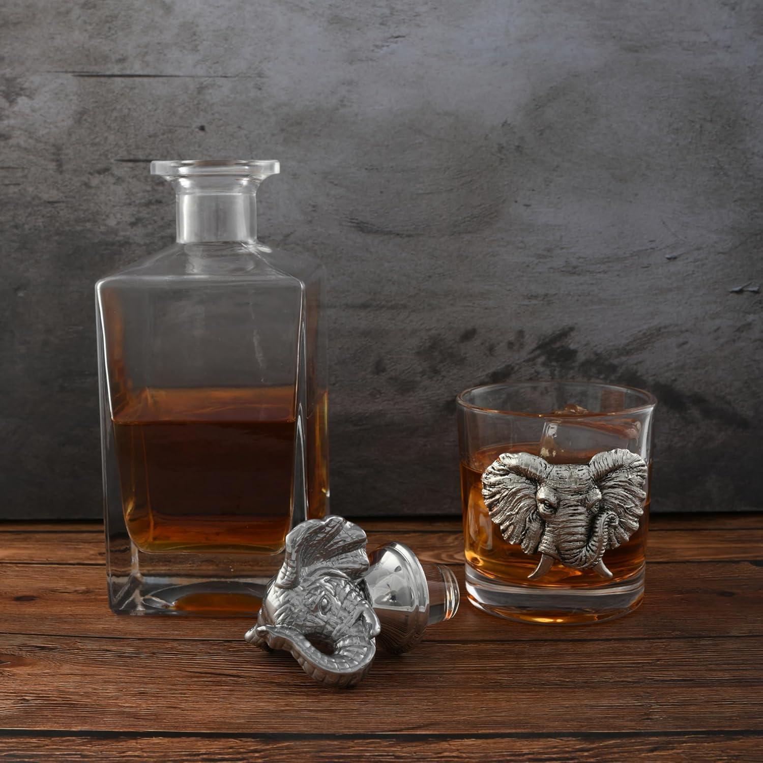 Arthur Court Designs Elephant Glass Whiskey Decanter with Pair of Double Old Fashion Glasses