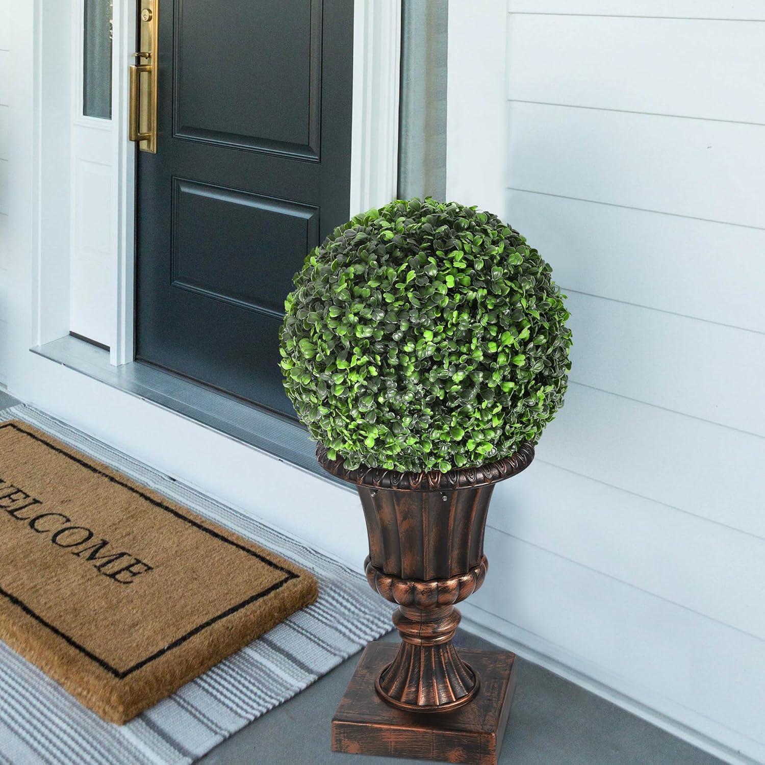 Yuan Home 2Pcs 12” Artificial Plant Topiary Ball With Pot, Faux Boxwood Balls With LED