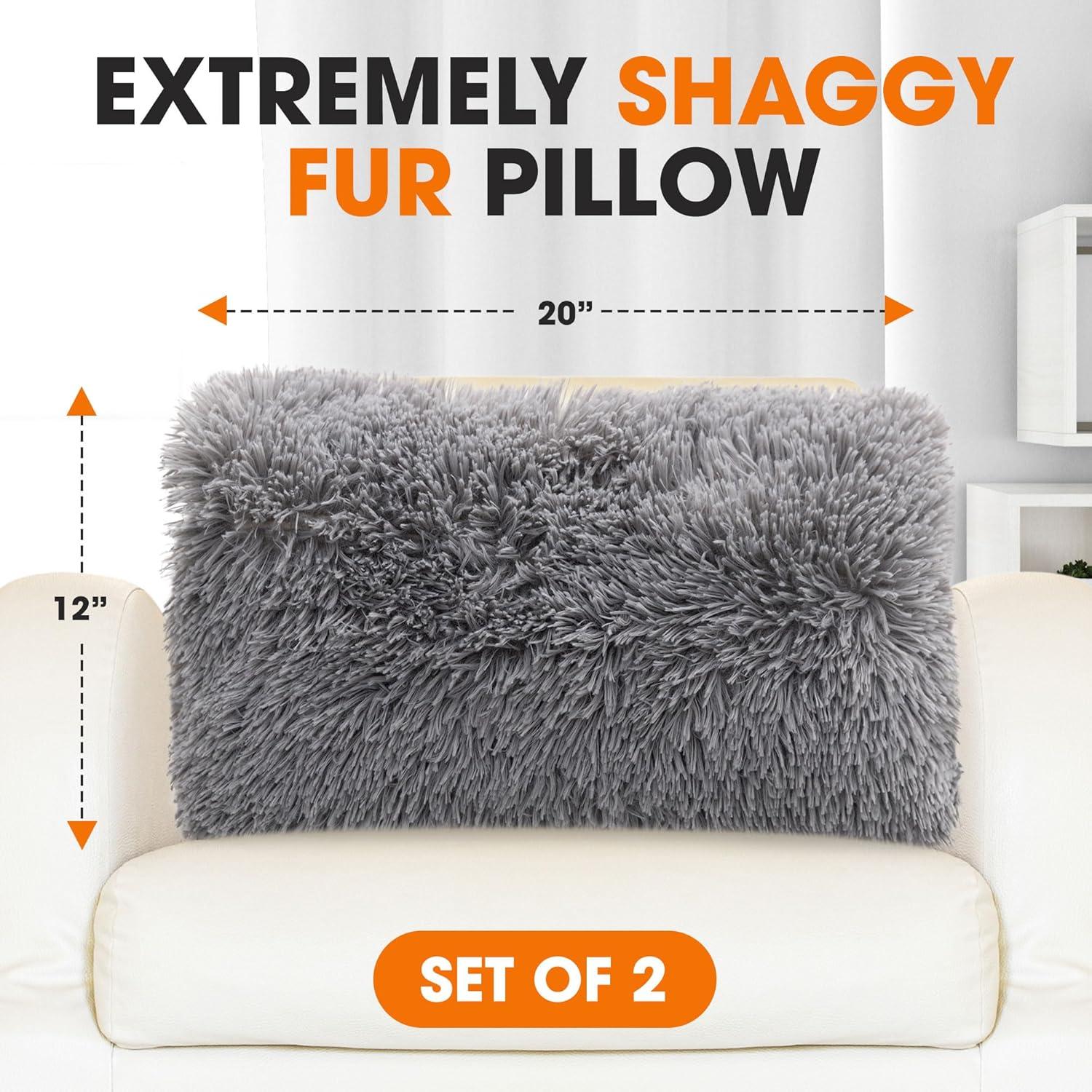 Cheer Collection Super Soft Shaggy Long Hair Throw Pillows Set of 2 - Silver (12" x 20")