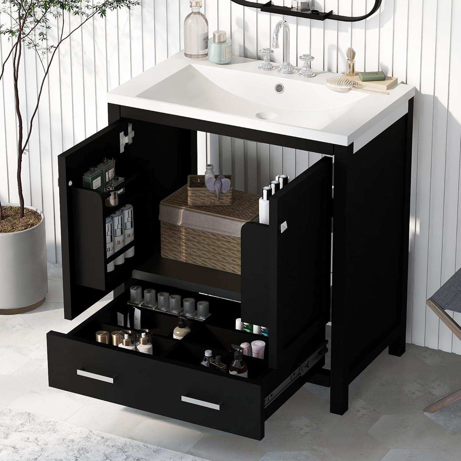 30" Bathroom Vanity with Sink, Modern Under Sink Cabinet with 2 Doors and 1 Drawer, Floor Storage Cabinet for Bathroom with Removable Divider and Double Shelf, Black