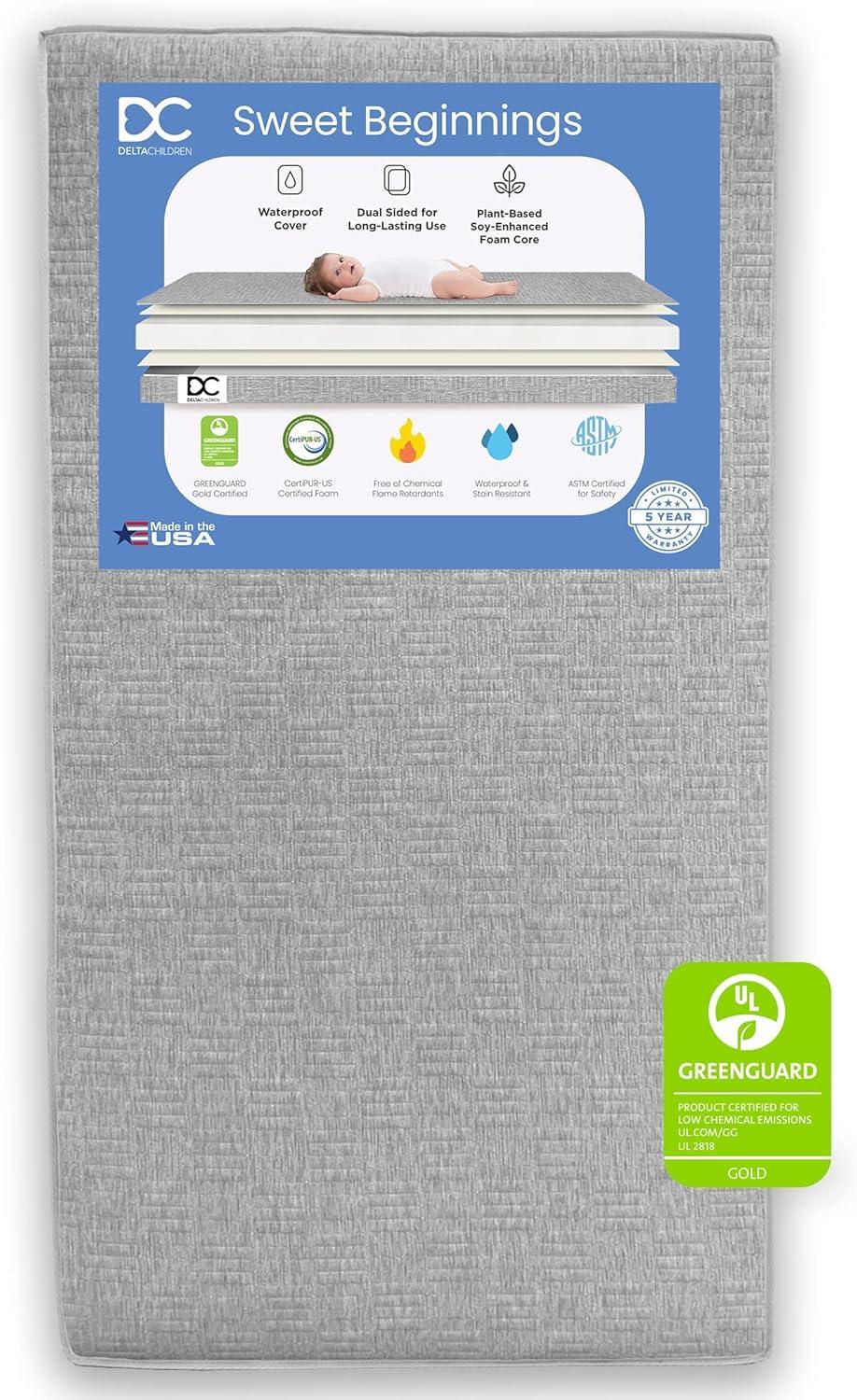 Delta Children Sloane Crib 7-Piece Baby Nursery Furniture Set–Includes: Convertible Crib, Dresser, Changing Top, Crib Mattress, Fitted Sheets, Toddler Guardrail & Changing Pad, Black w/Melted Bronze