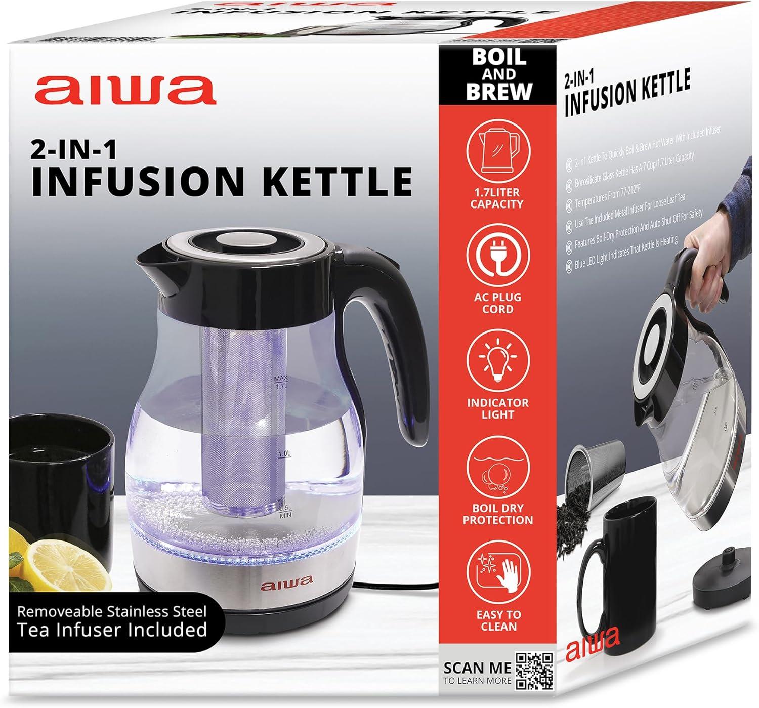 Aiwa 2 in 1 Black Infusion Kettle Boil and Brew with Removable Stainless Steel Tea Infuser