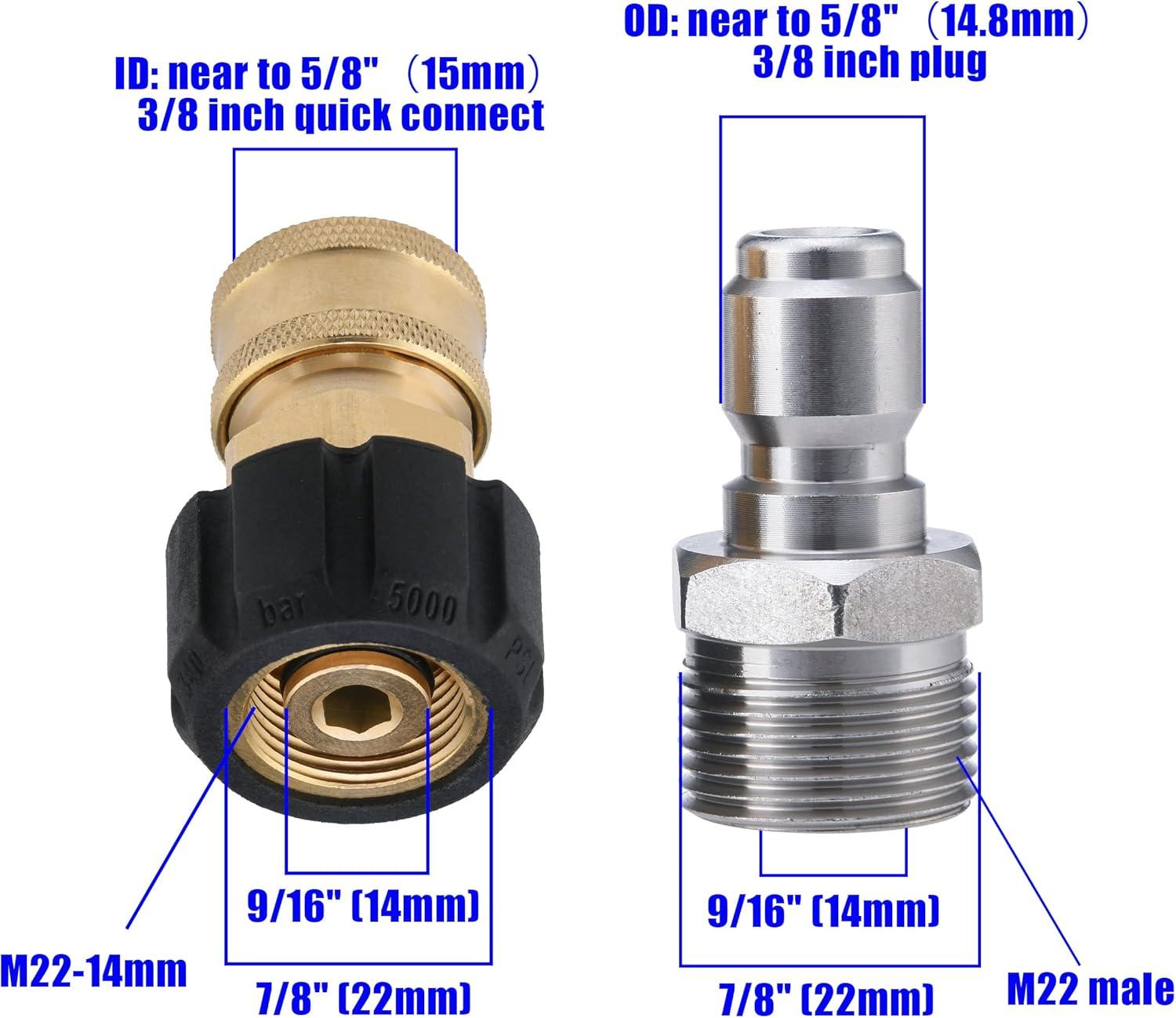 Pressure Washer Adapter Set Quick Connect Kit Metric M22 15Mm 5000 Psi Couplers