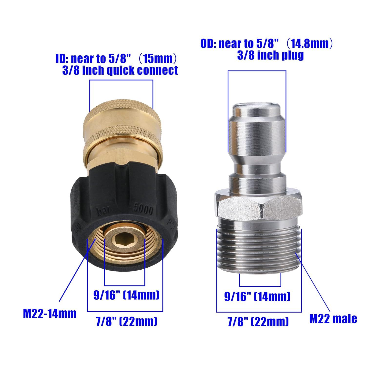 Pressure Washer Adapter Set Quick Connect Kit Metric M22 15Mm 5000 Psi Couplers