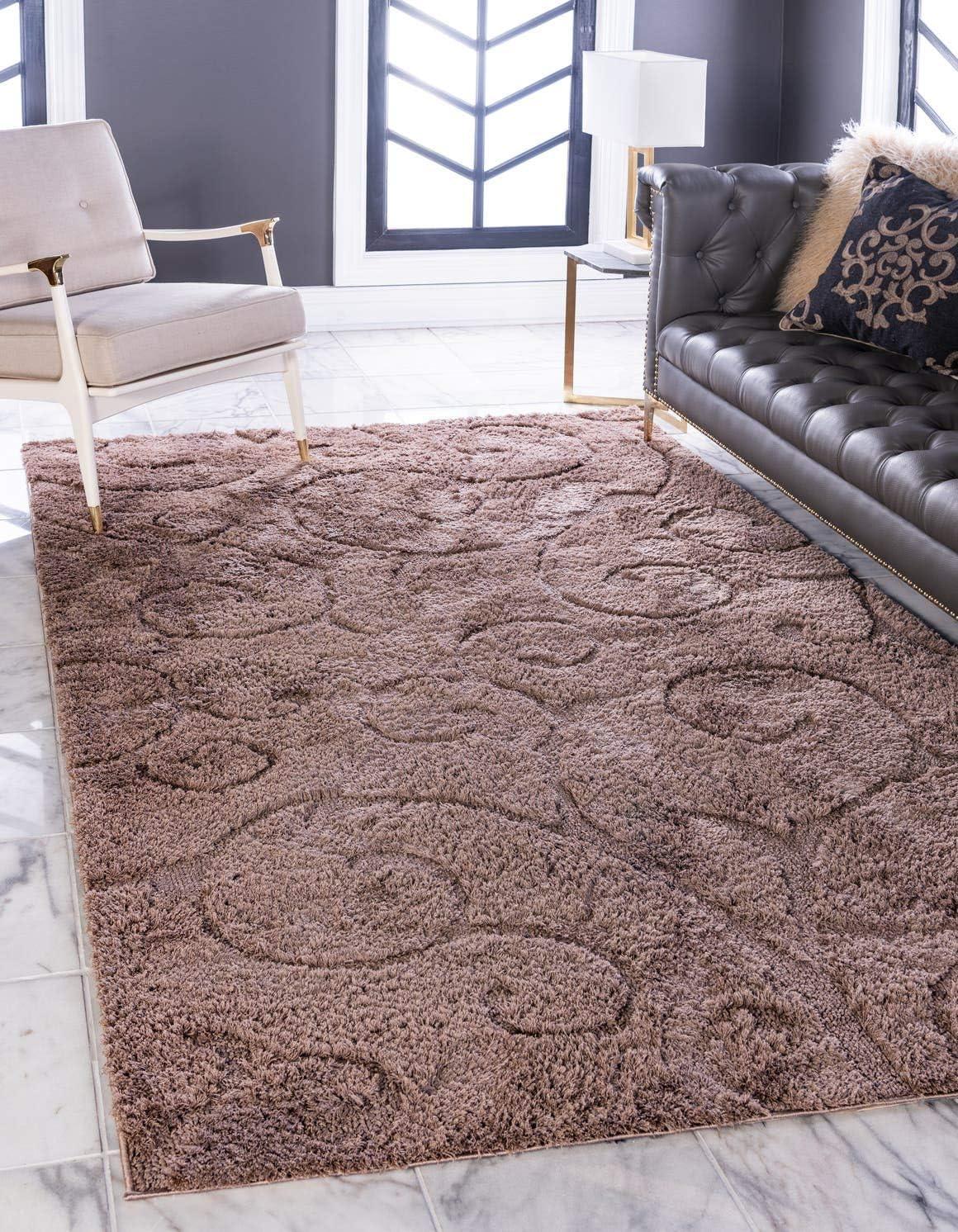 Brown Floral Shag Synthetic Rectangular Area Rug 5' x 8'