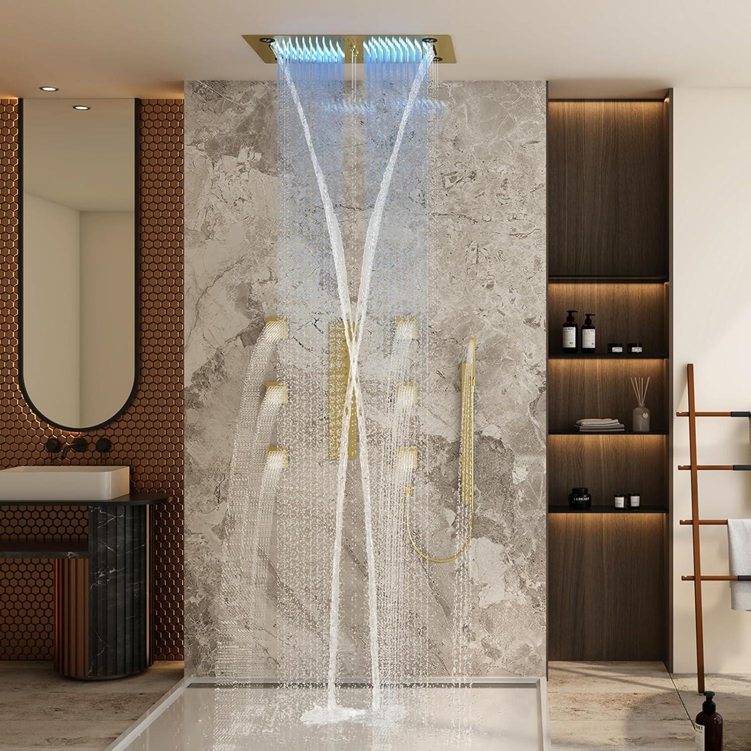 CASAINC KCHS0021-LEDBG Rodeo 27.5-Inch LED&Music Rainfall Thermostatic Shower System with Slide Bar and 2-in-1 Handheld