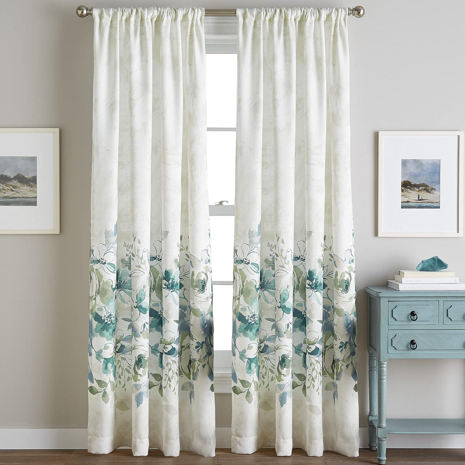 Aqua Floral Light-Filtering Polyester Rod Pocket Curtain Panel, 50" x 63"