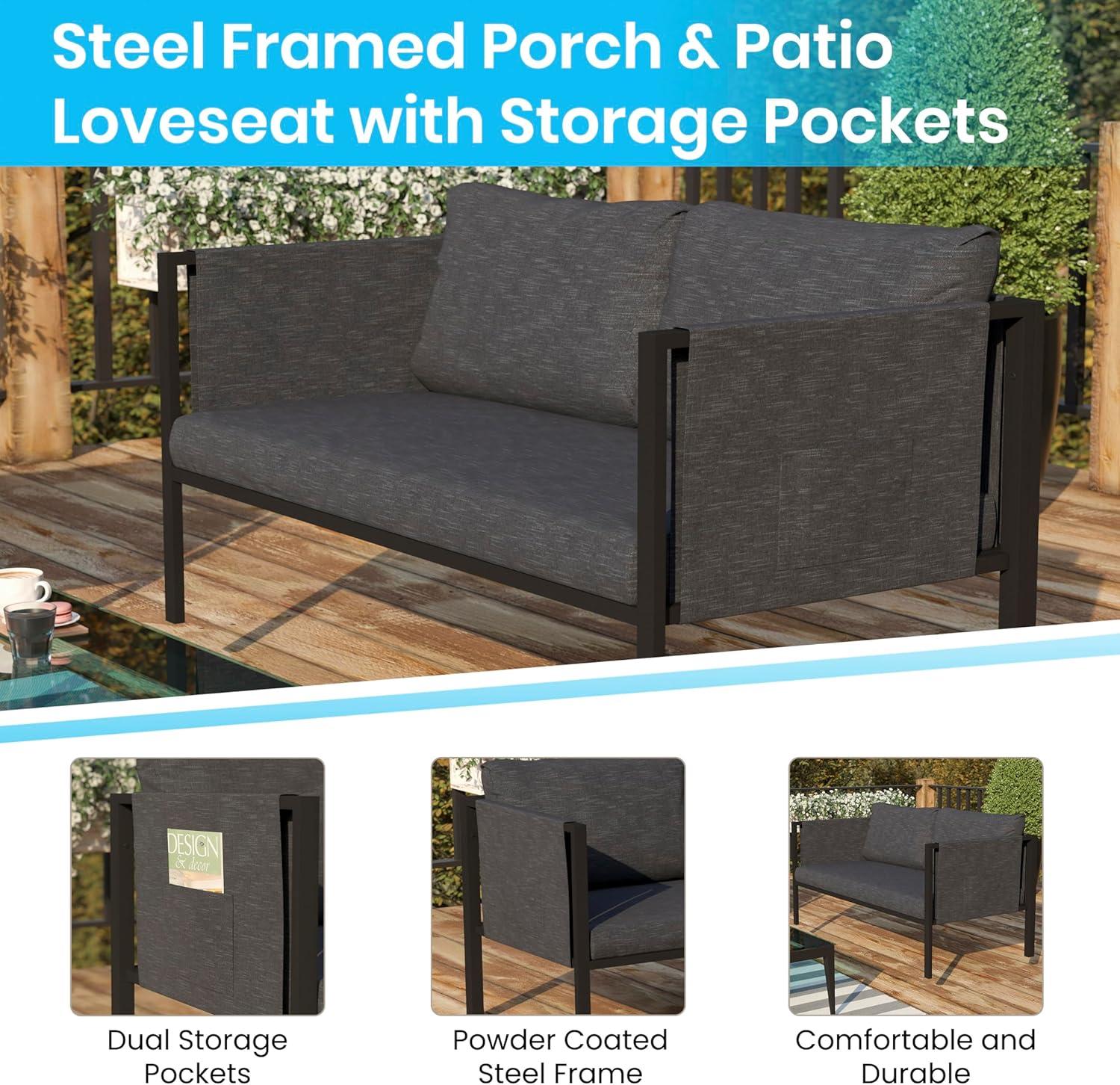 Flash Furniture Lea Indoor/Outdoor Loveseat with Cushions - Modern Steel Framed Chair with Storage Pockets, Black with Charcoal Cushions