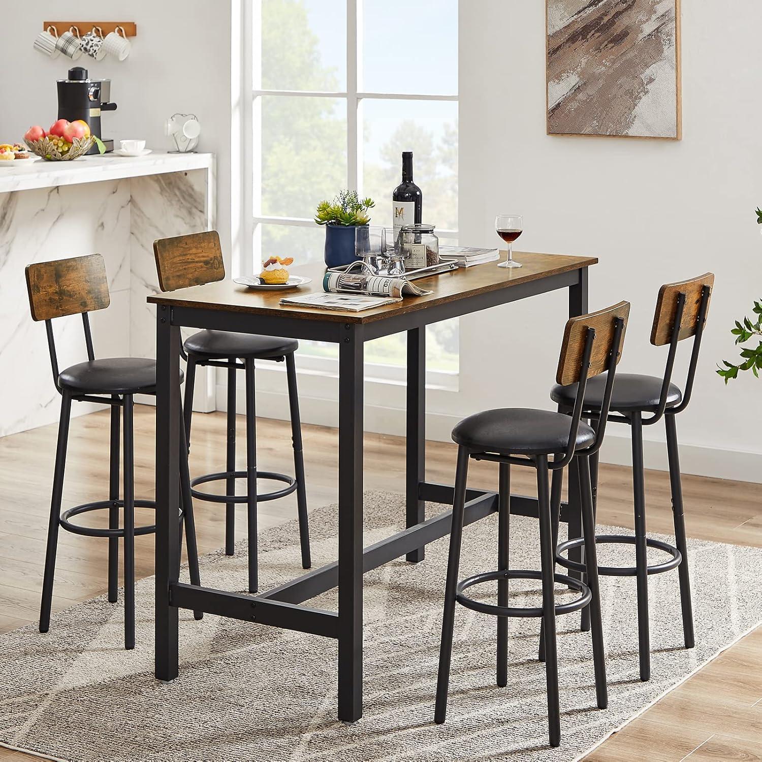 Rustic Brown Wood and Metal Pub Table Set with 4 Stools